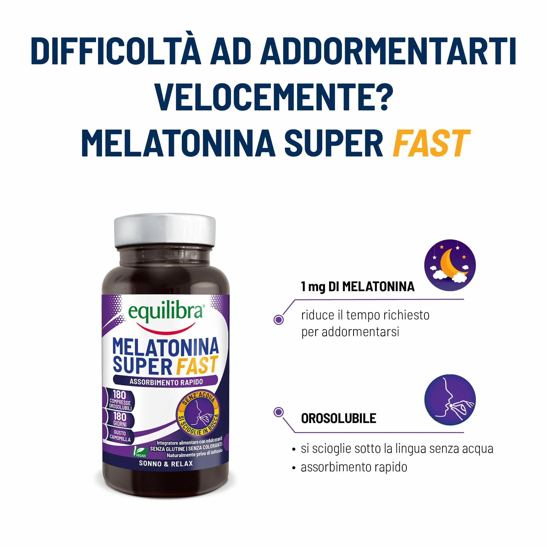 Equilibra Melatonina Super Fast 180 Compresse Orosolubili Integratore Sonno Rapido