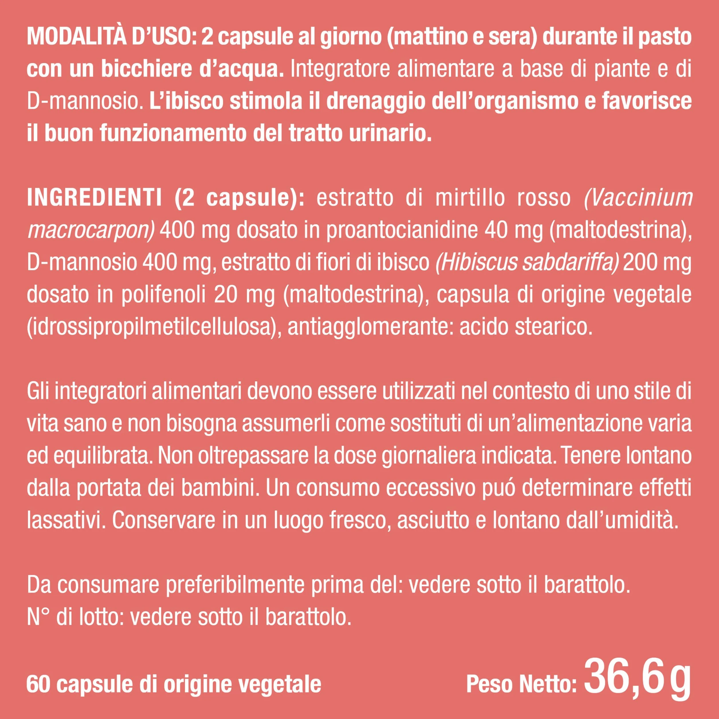 Cysticure Integratore D-Mannosio Mirtillo Rosso e Ibisco 60 Capsule Nutrimea