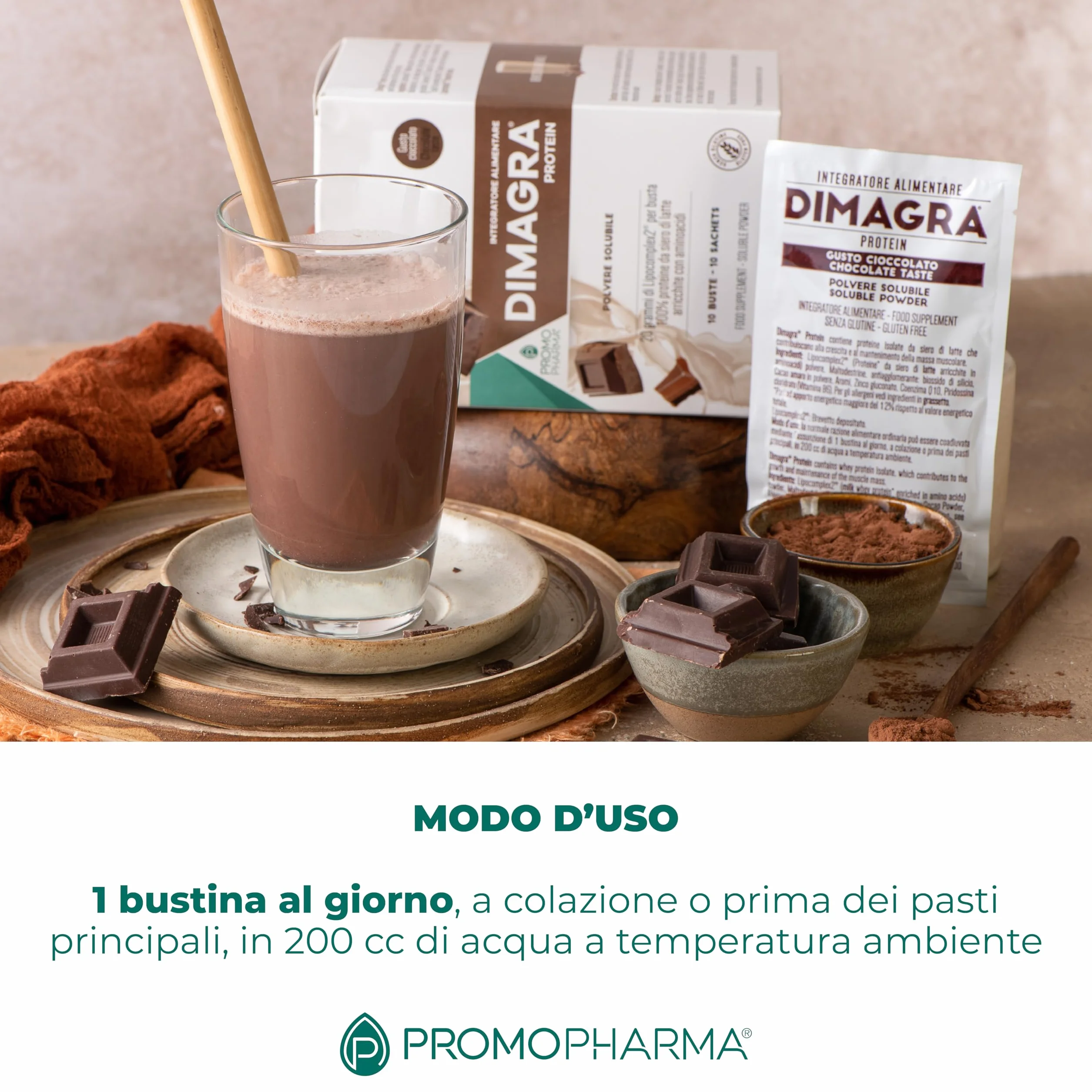 Dimagra Protein - Integratore Proteico per Dieta Chetogenica - Proteine in Polvere - Gusto Cioccolato - 10 buste da 22 g