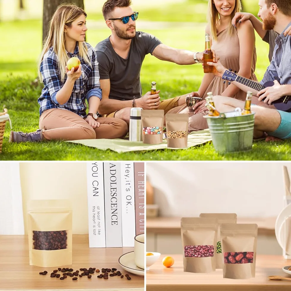 100 Pezzi 15 x 10 cm Sacchetti Carta Kraft con Finestra, Marrone Sacchetti di Carta per Alimenti, Riutilizzabile con Cerniera Imballaggi per Alimenti in Carta Kraft per Noci, Chicchi di Caffè, Tè