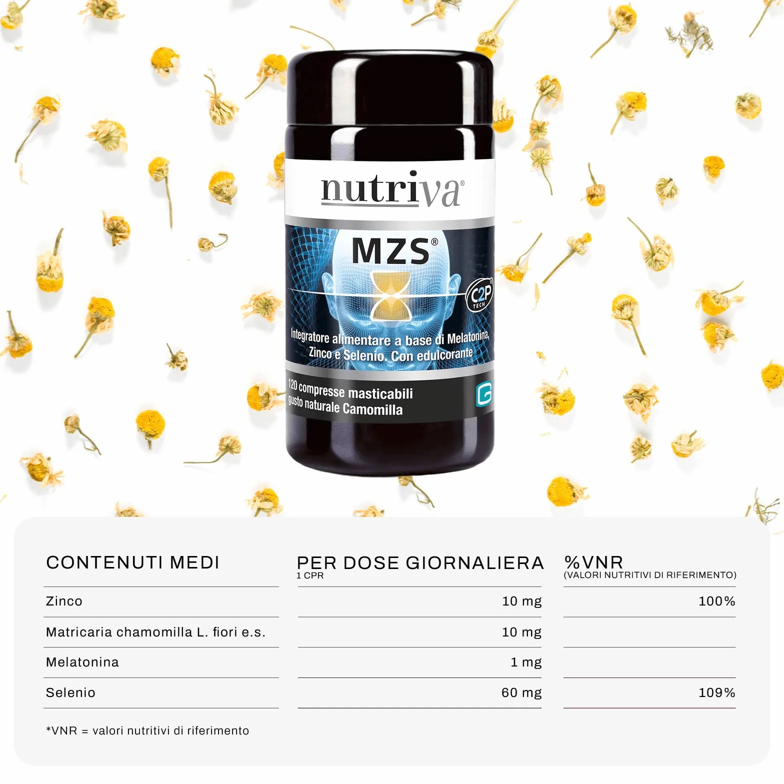 NUTRIVA MZS, Integratore Alimentare Melatonina, Zinco, Selenio, Utile per Dormire, Rilassamento e Benessere Mentale, 1mg di Melatonina, per Vegetariani 120 Compresse Masticabili