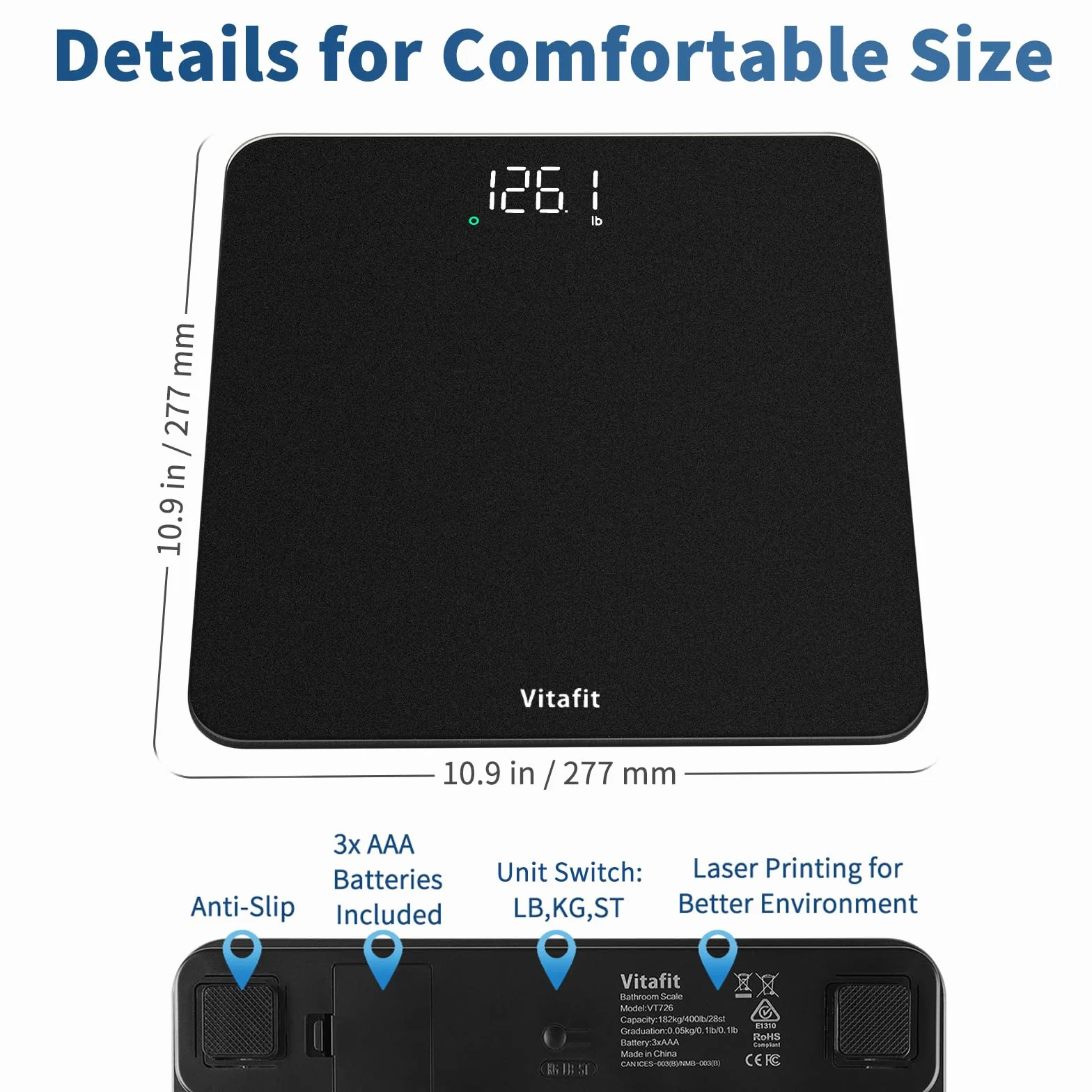 Vitafit Bilancia Pesapersone, Alta Precisione 0,05kg dalla Nostra Bilancia Fabbrica Professionale Dal 2001, Pesa Persone Digitale LED e Step-On, 3*AAA Batterie Incluse, 182kg, Spray Argento Nero