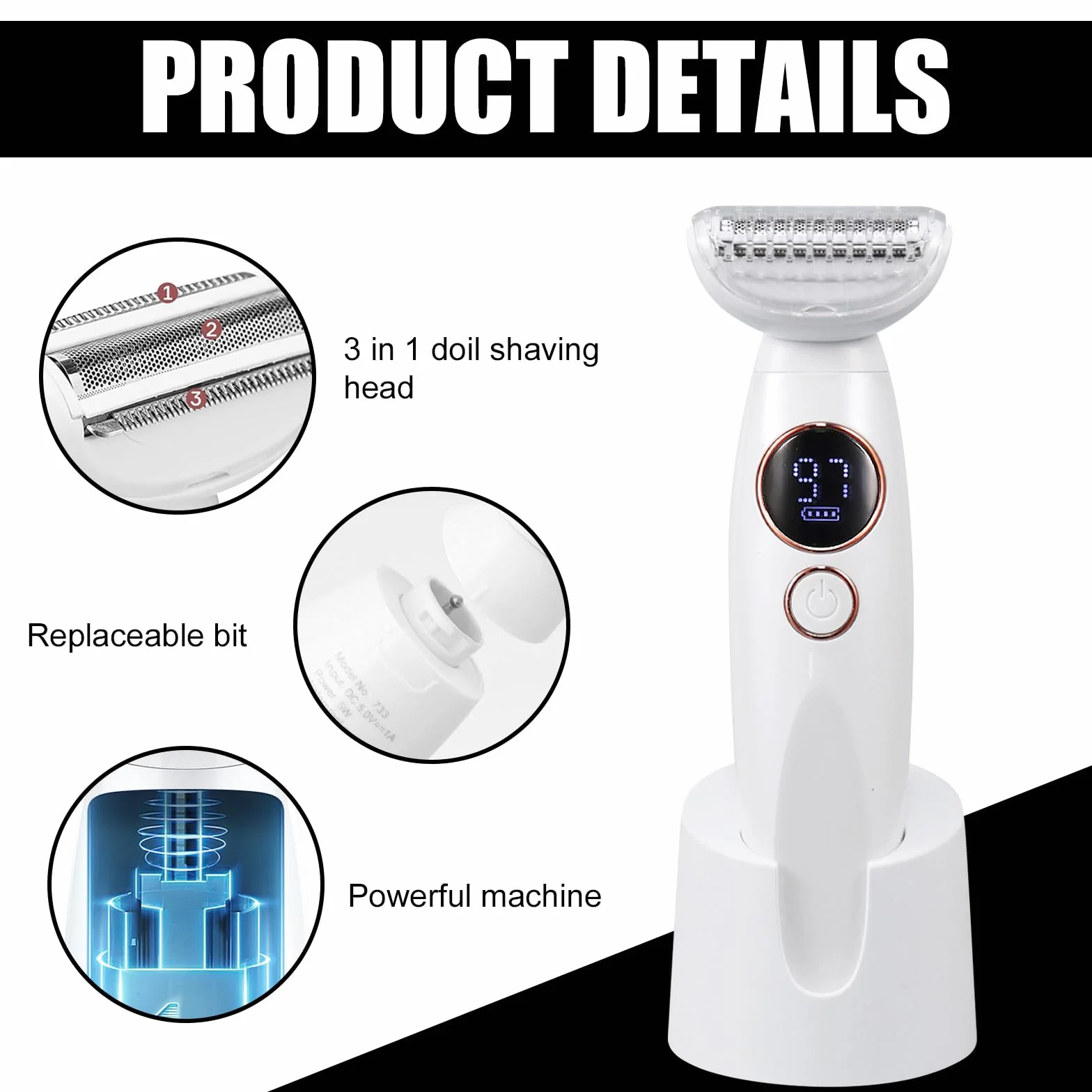 Rasoio elettrico da donna 5 in 1 rasoio intimo da donna IPX7 impermeabile per rasatura bagnata e asciutta, ricaricabile con USB, trimmer per zona bikini, ascelle, gambe e viso