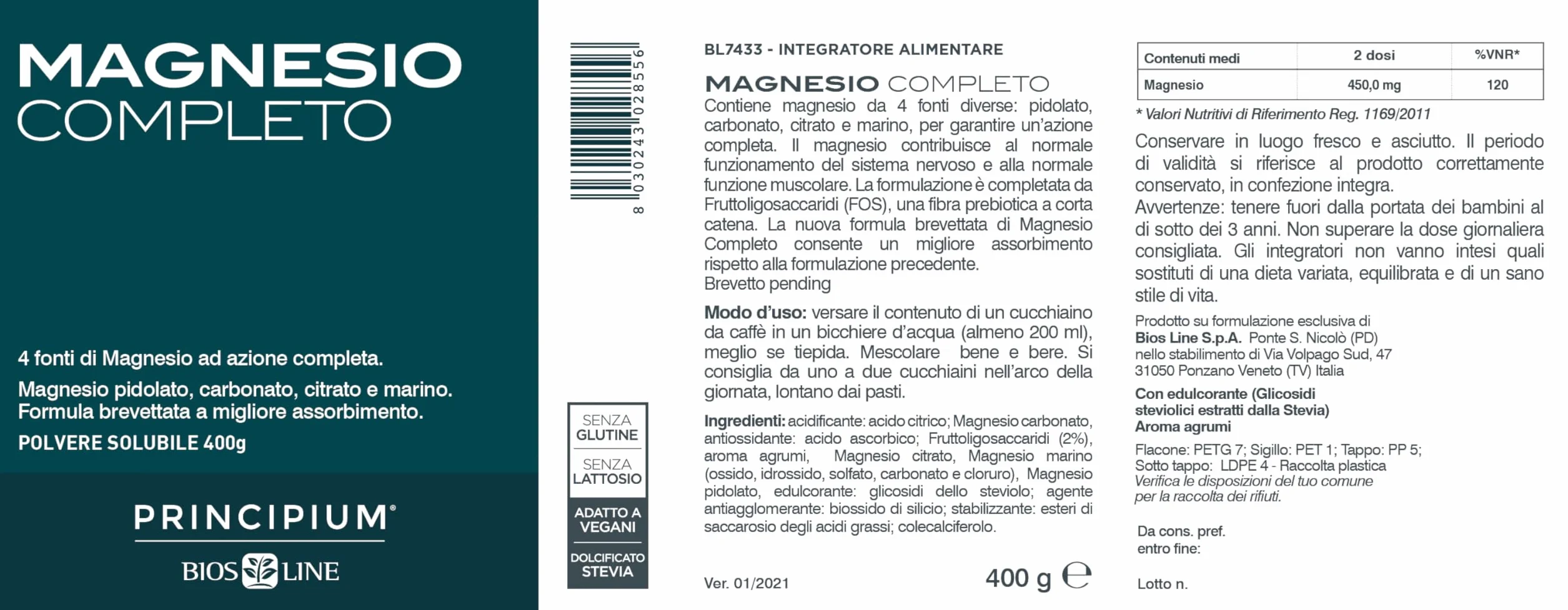 BIOS LINE Principium, Magnesio Completo Brevettato con Miglior Assorbimento, Gusto Agrumi, 4 Fonti di Magnesio ad Azione Completa, Integratore Anti Stress, 400 g Polvere Solubile