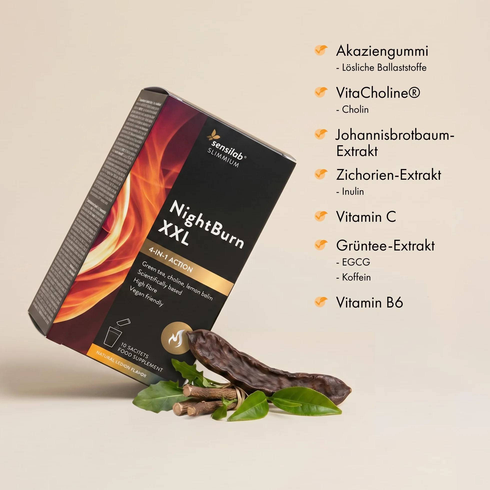 Sensilab Slimmium NightBurn XXL – Tè Verde, Cicoria, Colina, Carruba, Melissa, Vitamina C e Vitamina B6 – Termogenico, Ricco di Fibre – Digiuno Intermittente – 10 Bustine per 10 Giorni