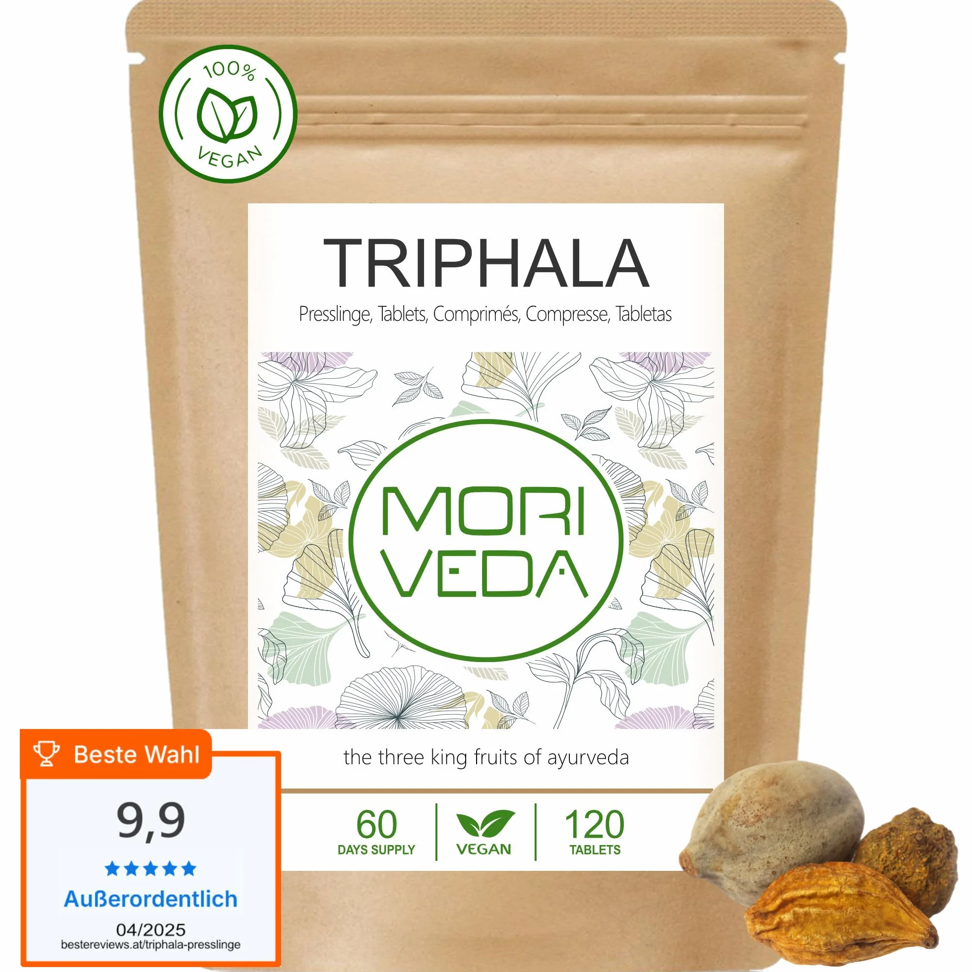 Triphala pellet 1000mg (120 o 360 pezzi) frutti reali ayurvedici Amla (Amalaki), Hiritaki, Bibhitaki - Prodotto di qualità di MoriVeda (120 compresse)
