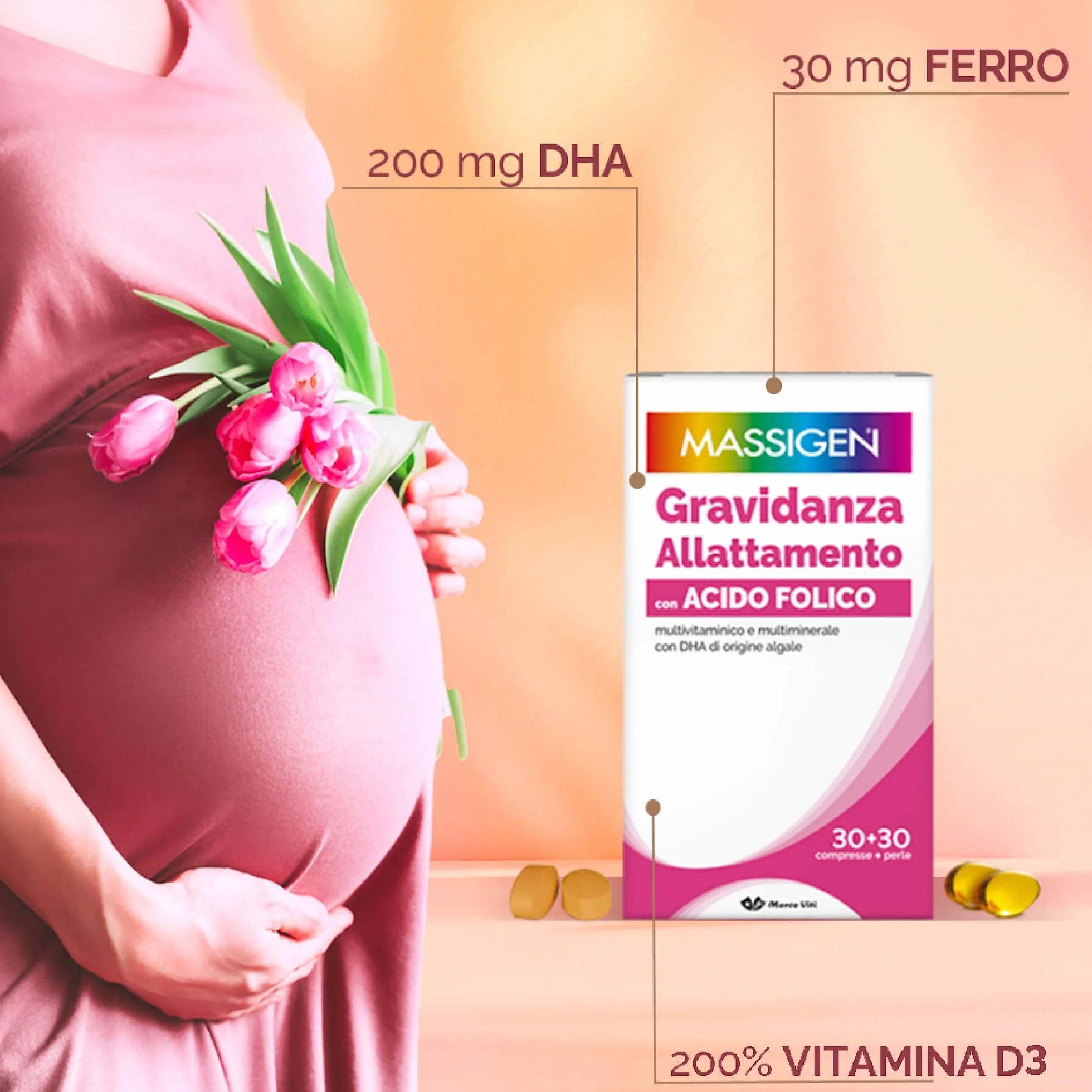 Massigen DailyVit+ - Multivitaminico, Gravidanza e Allattamento, Senza Glutine, In grado di Favorire lo Sviluppo fisiologico Cerebrale e degli Occhi del Feto, 30 Compresse da 11 g + 30 Perle da 700 mg