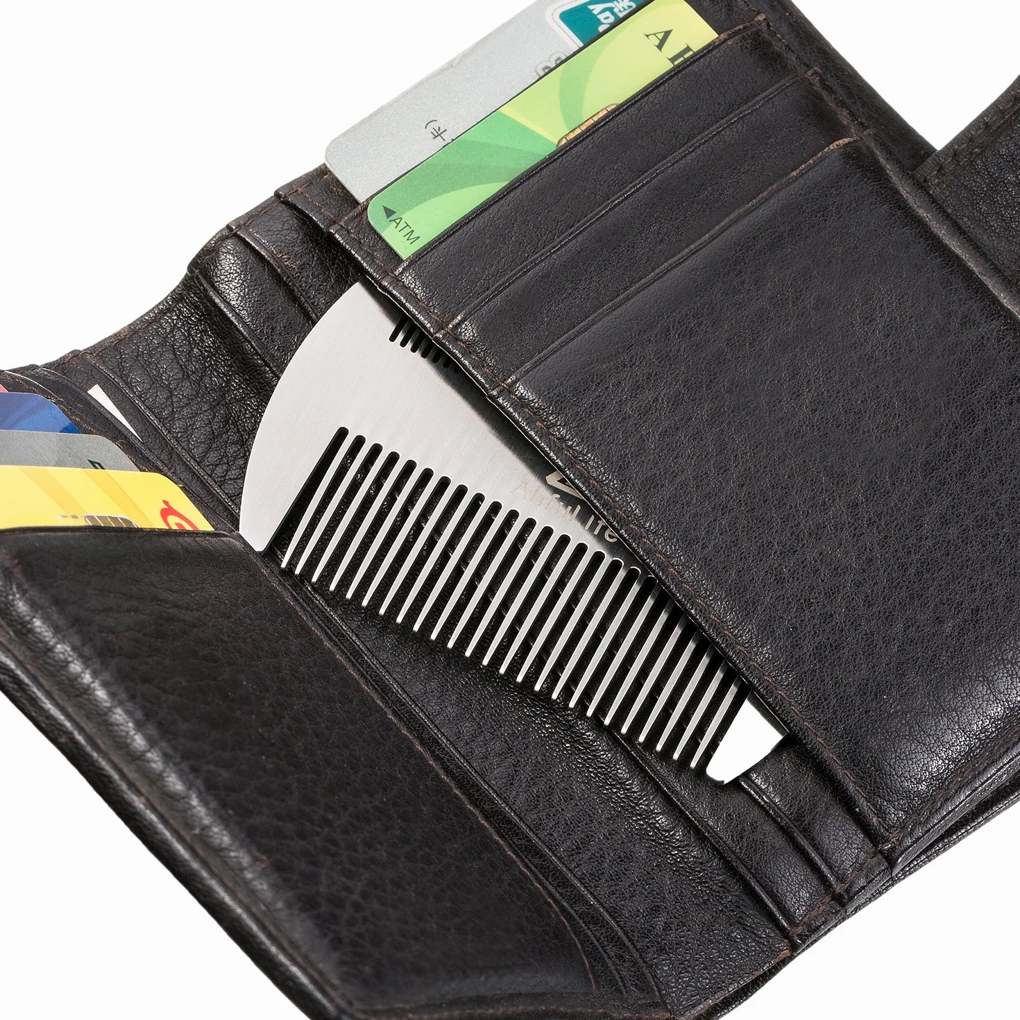 Pettine in Acciaio Inossidabile Argentato Antistatico Doppia Azione Formato Carta di Credito per Barba e Capelli