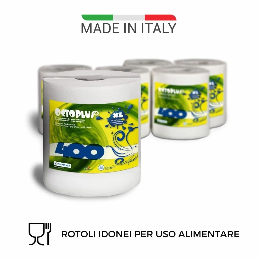 OCTOPLUS 6 Monorotoli 2400 Strappi Rotoli Asciugatutto 400 Strappi Maniglia carta 100% Pura Cellulosa 2 Veli Bobina Asciugamano