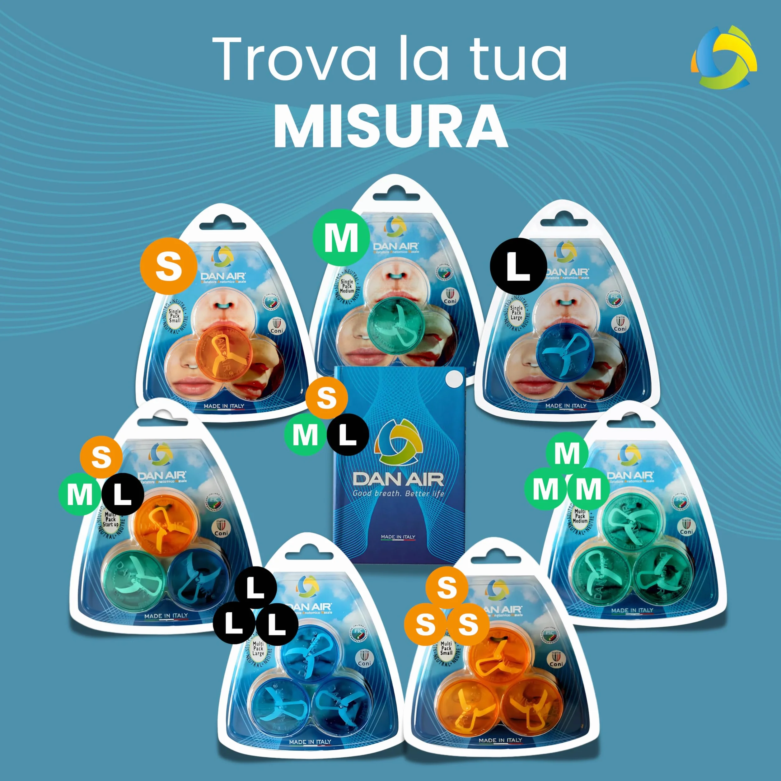 DanAir 3 Dilatatore Nasale Antirussamento Made in Italy Divaricatore Naso Sportivo Dispositivo Anti Russamento Uomo Donna Azzurro S M L