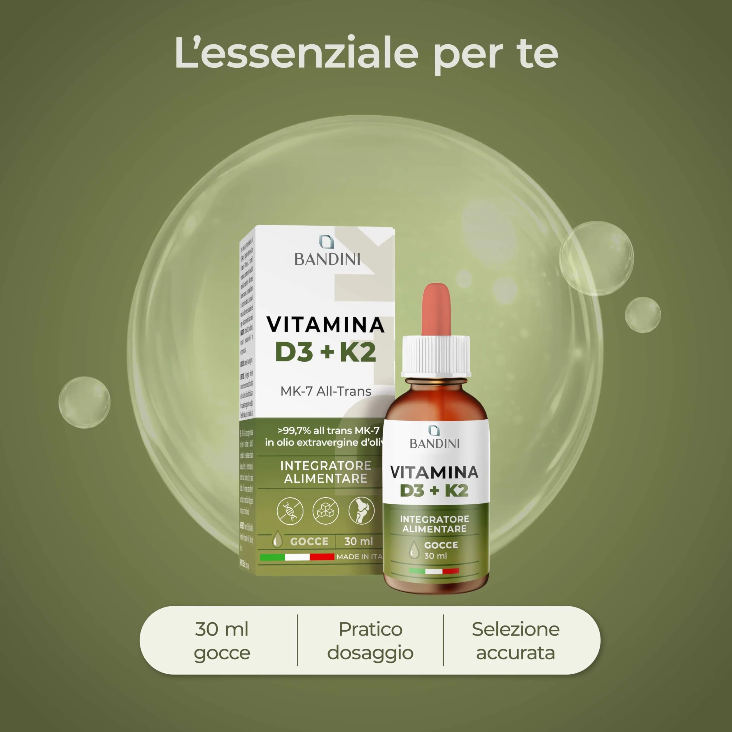 Bandini Vitamina D3 K2 Gocce in Olio Extra Vergine di Oliva EVO 1000 UI Colecalciferolo 100 mcg MK-7 Menachinone