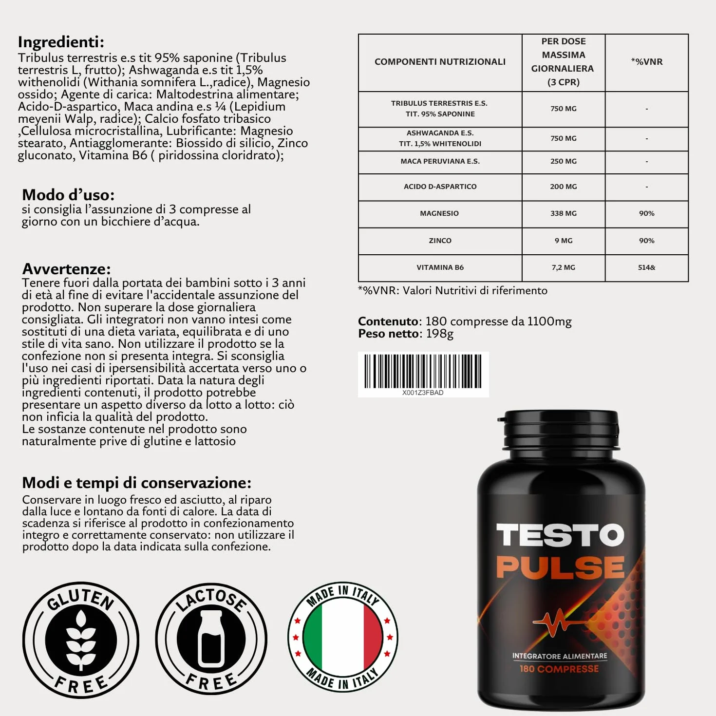 Testosterone Uomo | 180 Compresse | Azione Booster Rapida e Potente | Aumento Massa Muscolare Uomo I Alto dosaggio di Tribulus Terrestris, Maca Peruviana, Ashwaganda e ZMA, Testo Pulse