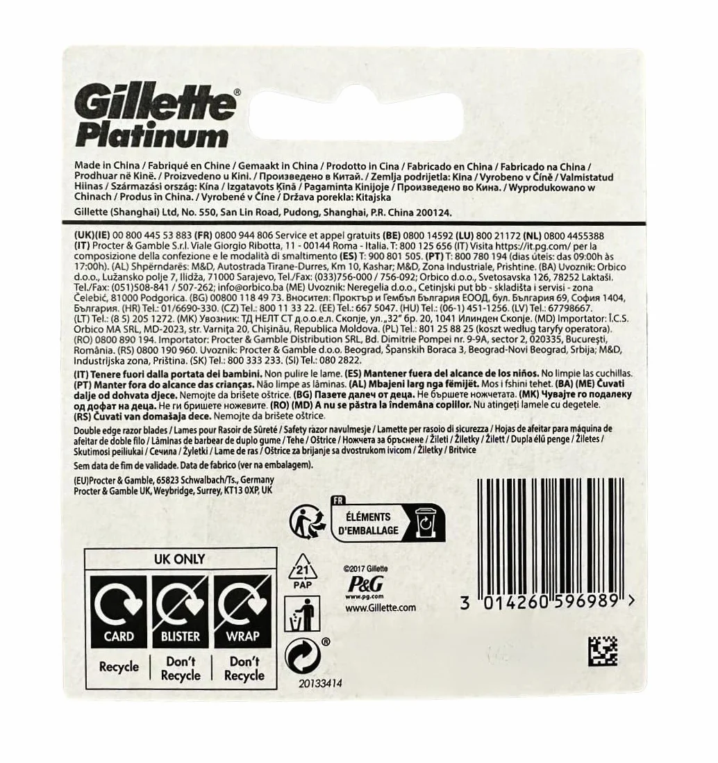 Gillette per Rasoio di Sicurezza, Lamette Barba Platinum con 50 pezzi di Ricambio, Rasatura Profonda e Confortevole in Acciaio Inossidabile e Filo Trattato al Platino