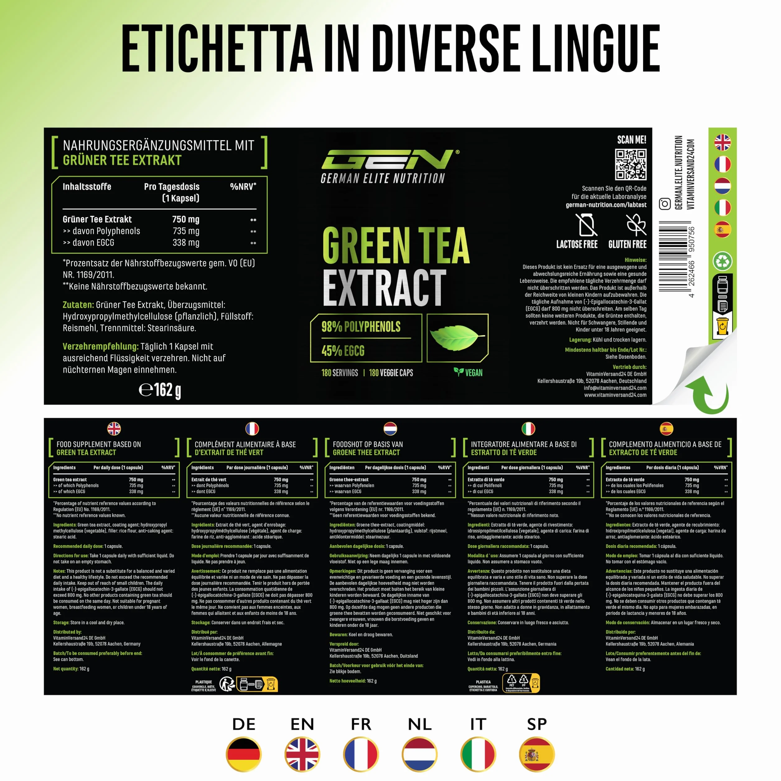Estratto di tè verde - 180 capsule - Dosaggio extra elevato con 750 mg di estratto di tè verde per capsula - 95% di polifenoli e 45% di EGCG - Senza additivi superflui - Vegano