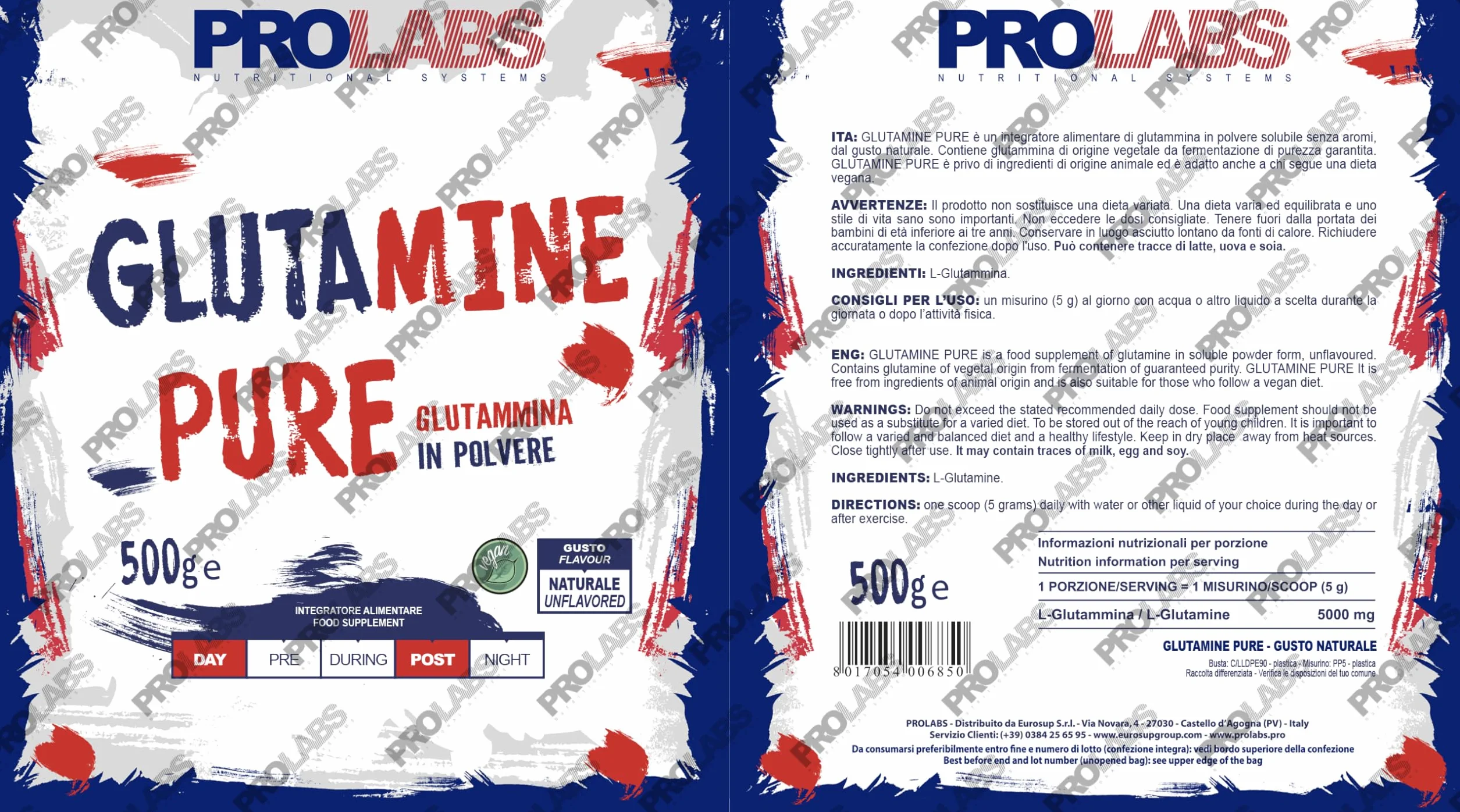 PROLABS – Glutammina in Polvere Solubile GLUTAMINE PURE, Integratore 100% Vegan Purissimo per Recupero, Rigenerazione e Mantenimento Massa Muscolare - Integratori Post Workout, Gusto Neutro, 500gr
