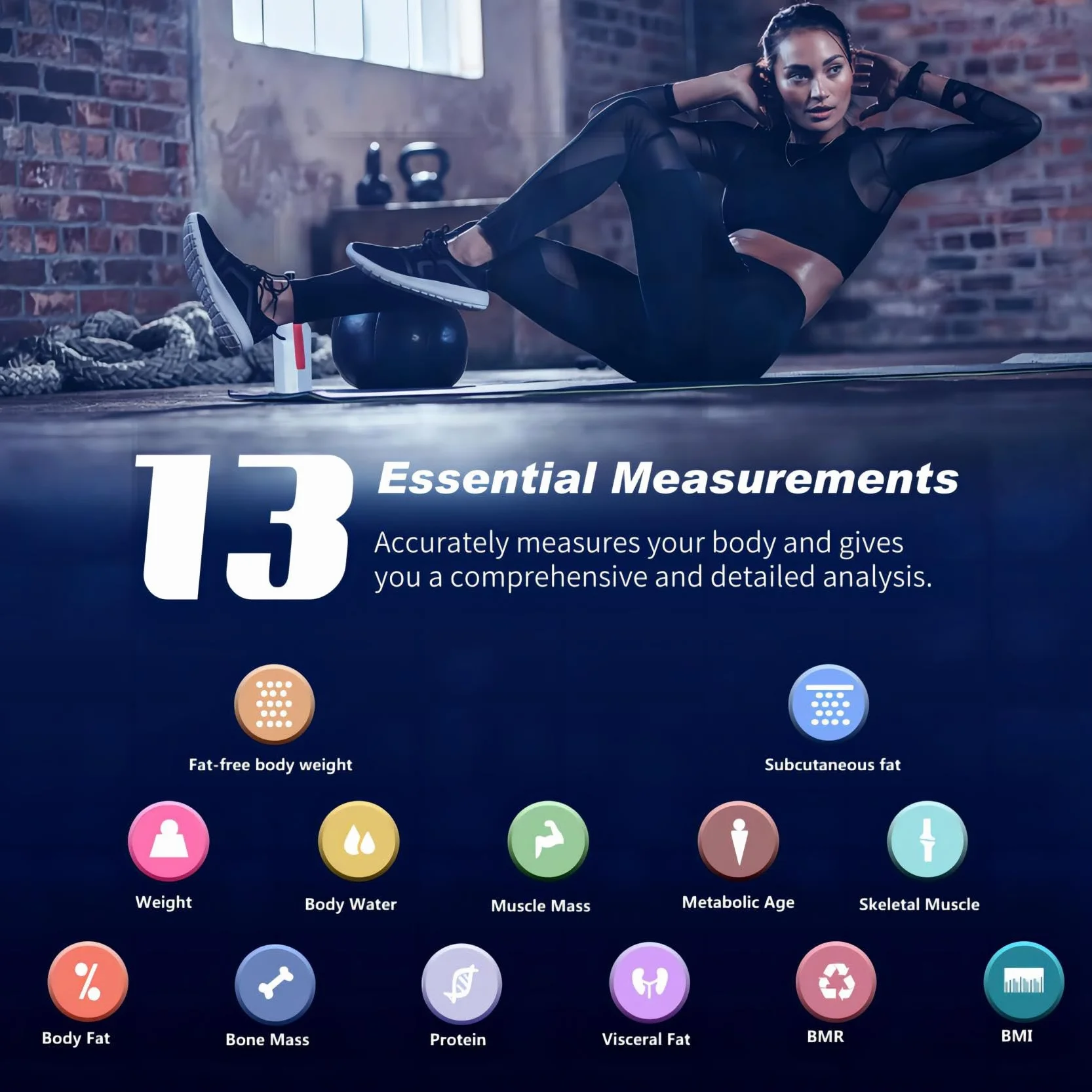 Bilancia Pesapersone Digitale Professionale Impedenziometrica Senza Fili Intelligente per iOS & Android 13 Indici 26x26cm Nero