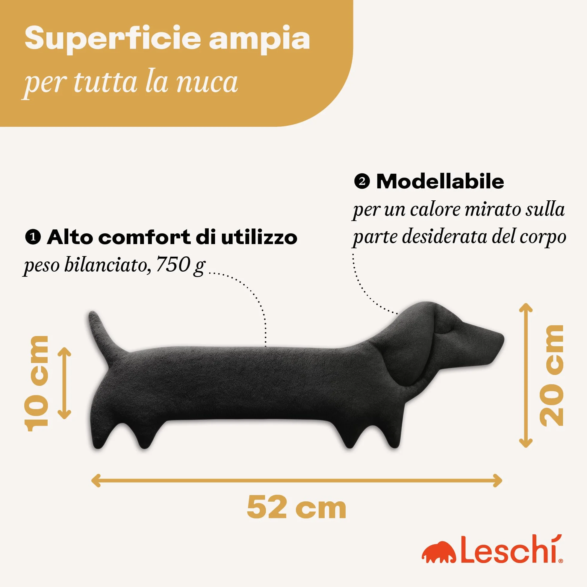 LESCHI Cuscino cervicale termico per microonde, 100% cotone e grano biologico, cane nero, cuscino riscaldante ideale come fonte di calore in inverno e per alleviare tensioni a spalla schiena collo