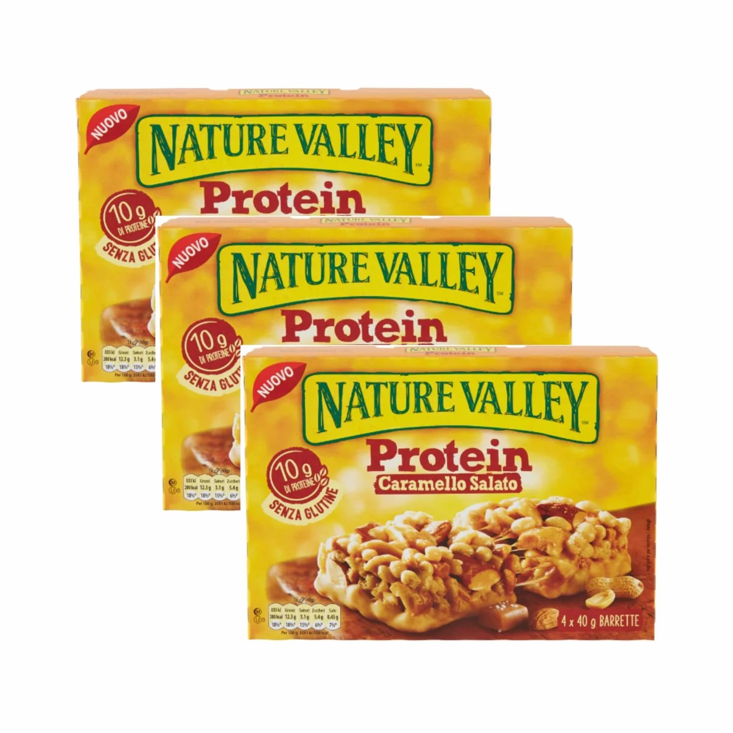 Nature Valley Barretta Proteica Morbida Arachidi e Mandorle Copertura Caramello Salato - 3 Astucci (Tot 12 Barrette)