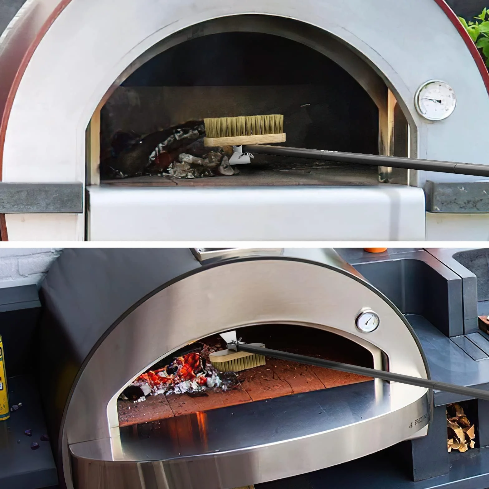 Spazzola da forno per pizza in ottone con raschietto, 120 cm, manico in alluminio