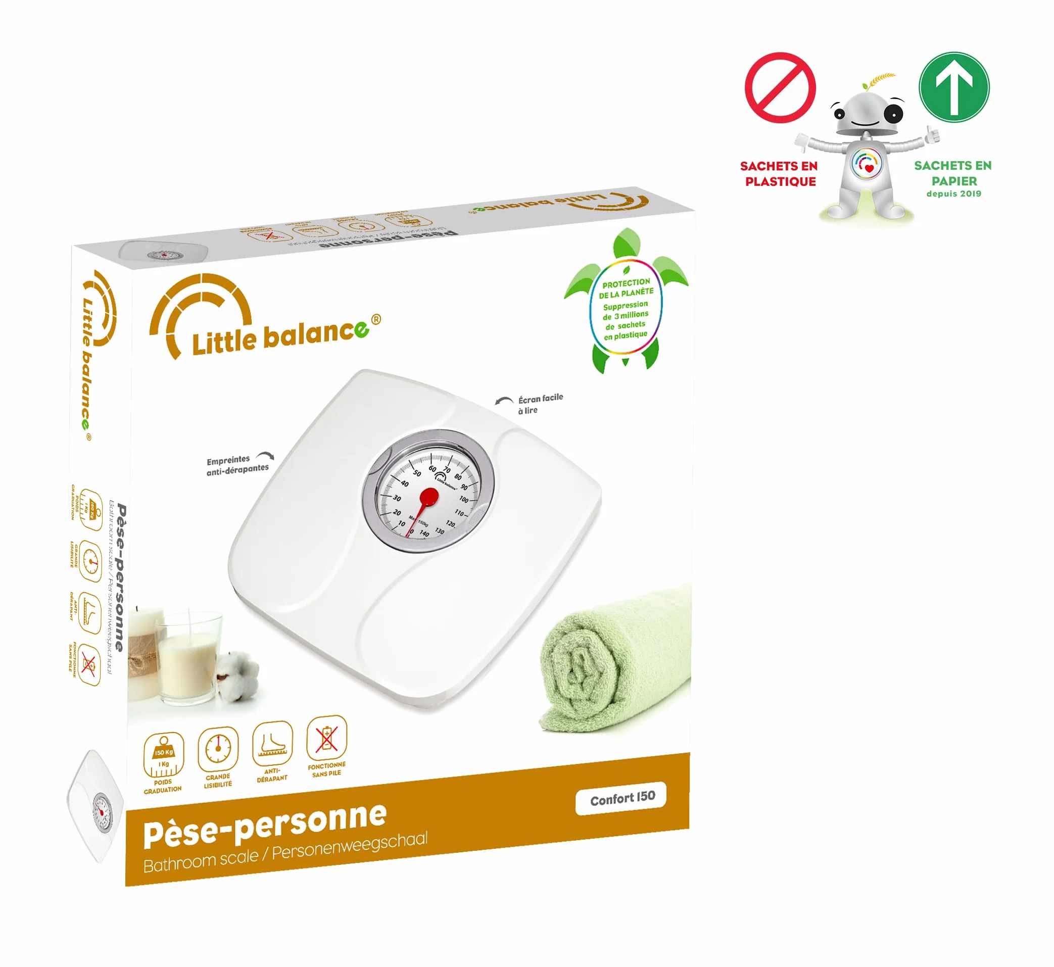 LITTLE BALANCE 8935 Confort 150, Bilancia pesapersone meccanica, Bilancia con schermo XL, Forma compatta, 150 kg, Bianco