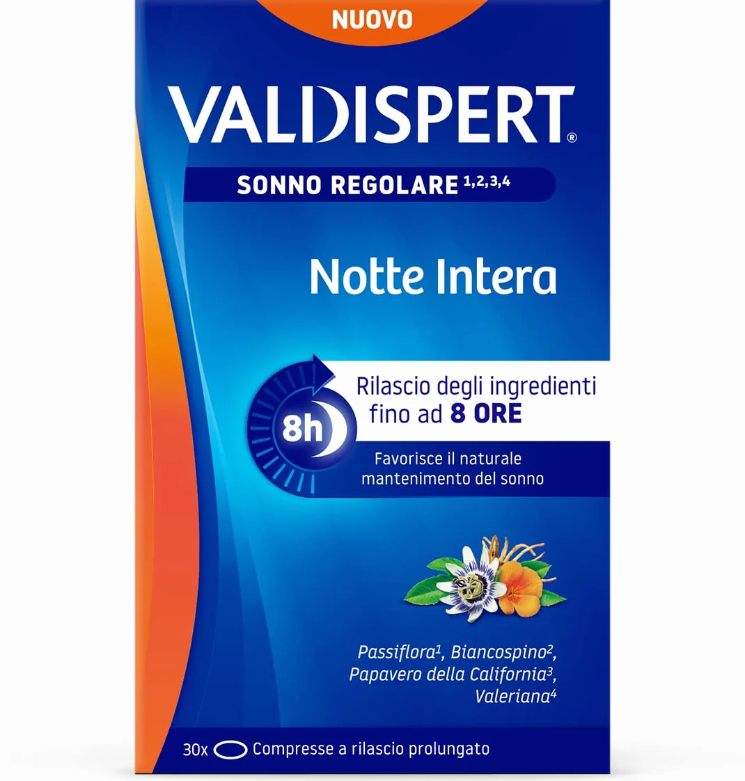 Valdispert Notte Intera 30 Compresse a Lento Rilascio per il Sonno Regolare con Valeriana, Passiflora, Biancospino e Papavero della California