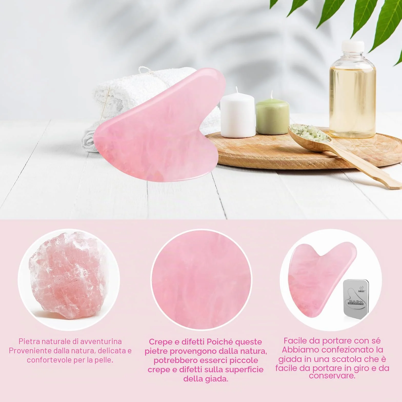 Gua Sha Pietre viso giada pietra a forma di cuore Guasha Board strumento di massaggio antigraffio per viso, occhi, collo per la cura della pelle (rosa)