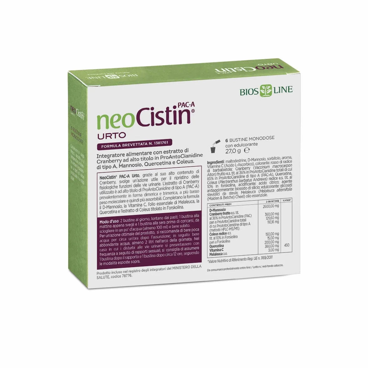 NEOCISTIN PAC-A Urto, Integratore Alimentare per il Benessere delle Vie Urinarie, con Cranberry (Mirtillo Rosso Americano), D-Mannosio, Vitamina C, Quercetina, 6 Bustine