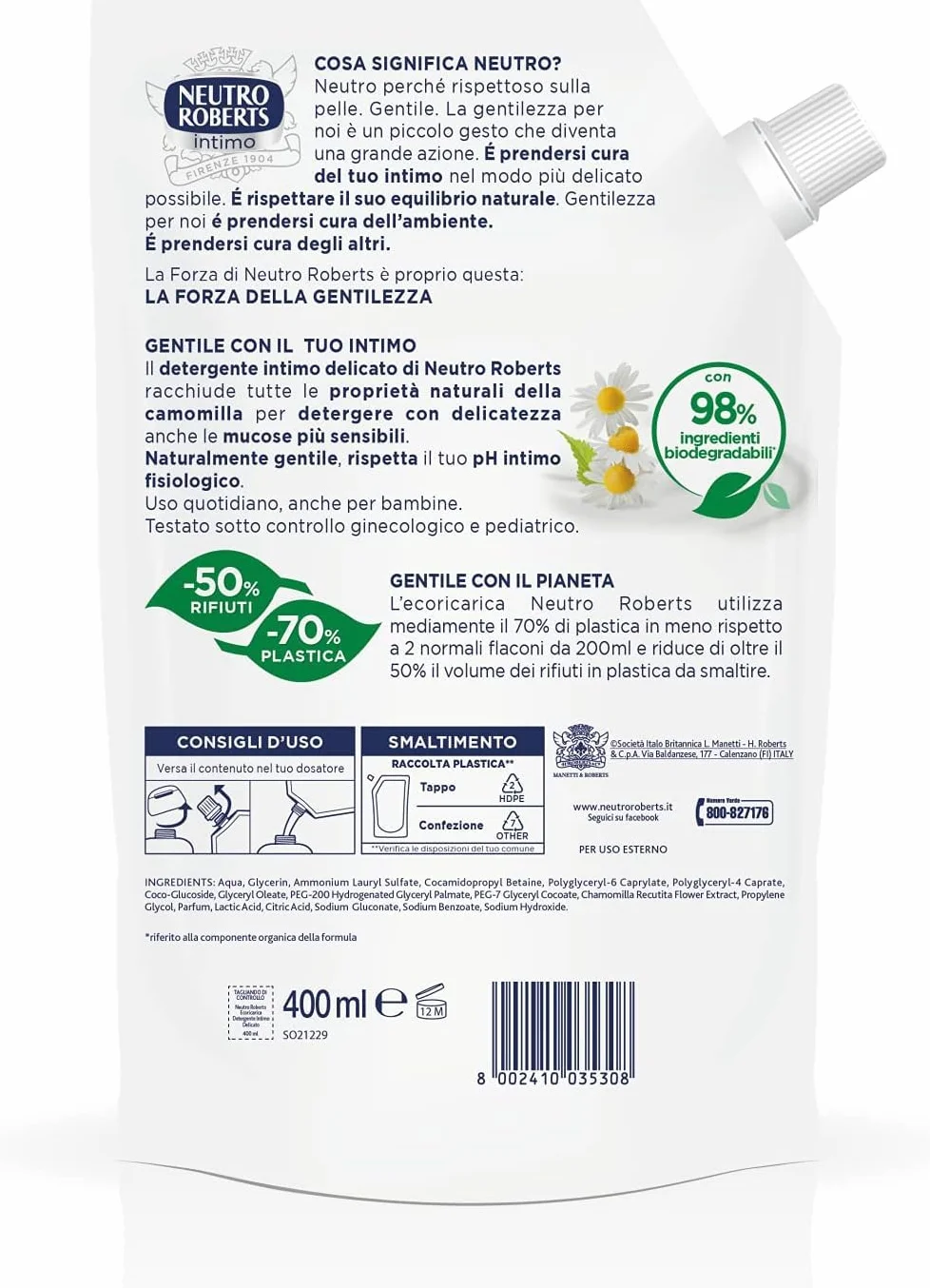 Ecoricarica Detergente Intimo Delicato Ricarica Igiene Intima Camomilla 400 ml