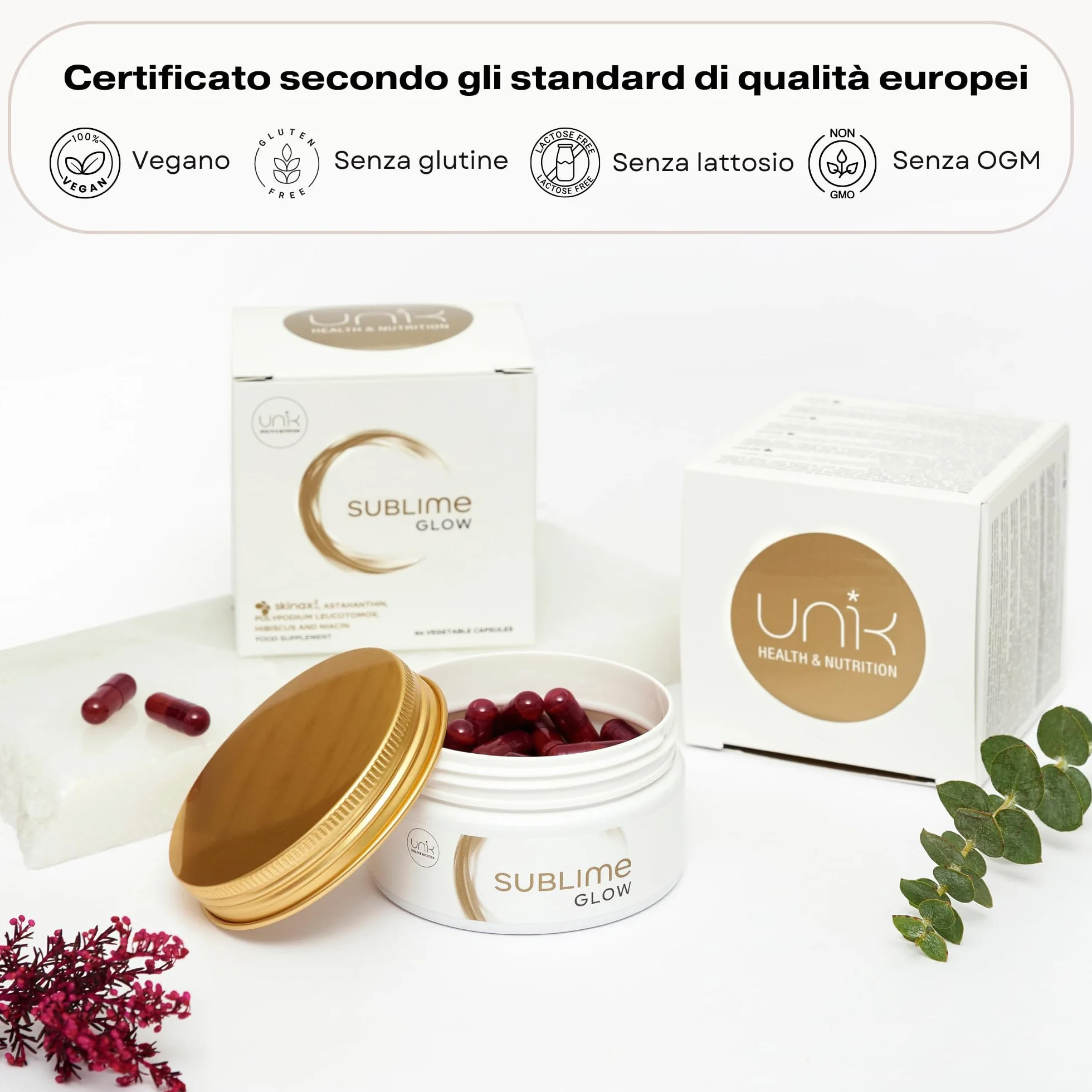 Astaxantina Integratore Glow Pelle 60 Capsule SkinAx Niacina Zinco Polypodium Hibiscus Antiossidante Potente Nutricosmetico Unik Health