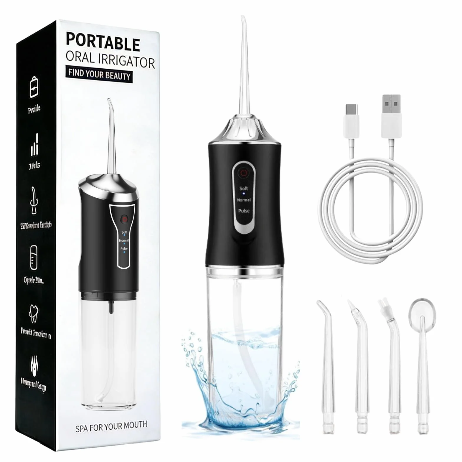 Idropulsore Dentale Portatile Denti, Water Flosser, Scovolino Denti, Irrigatore Orale 4 Modalità e 3 Intensità, Serbatoio da 230ml, Wasserdicht und Wiederaufladbar per Viaggi e Casa