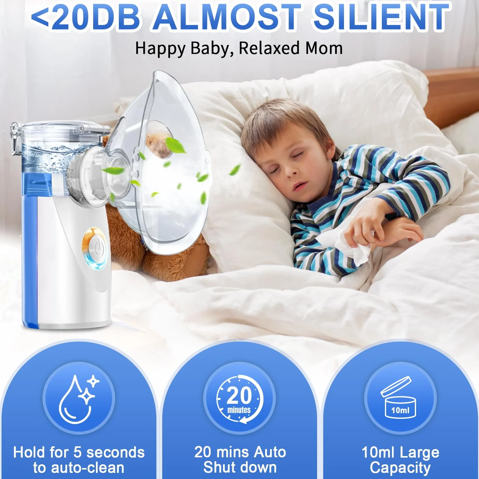 Nebulizzatore Ultrasuoni Portatile per Bambini e Adulti, Inalatore con 2 Maschere e Boccaglio (Blu)