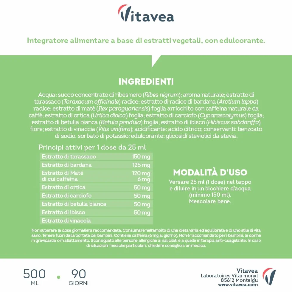 Vitavea Drenante Detox Forte Diuretico 500 ml con Tarassaco e Bardana - Controllo Peso 8 Piante Naturali