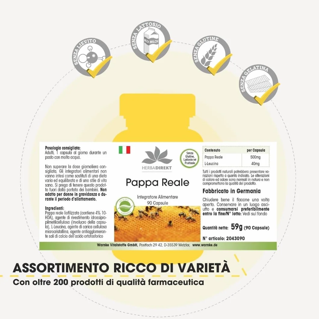 Pappa Reale fresca pura 500mg 4:1 90 Capsule HERBADIREKT Warnke Vitalstoffe