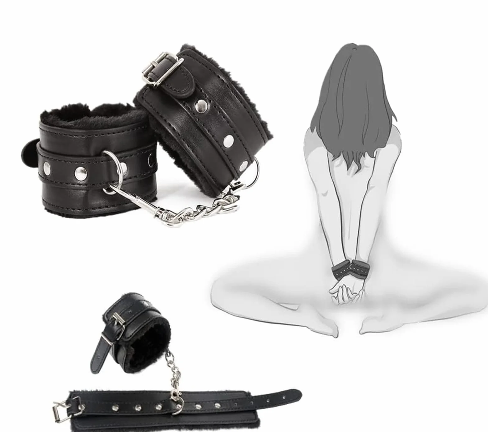 Kit Benda e Manette in Raso - Maschera Occhi Nera e Bracciale Regolabile (Nero)