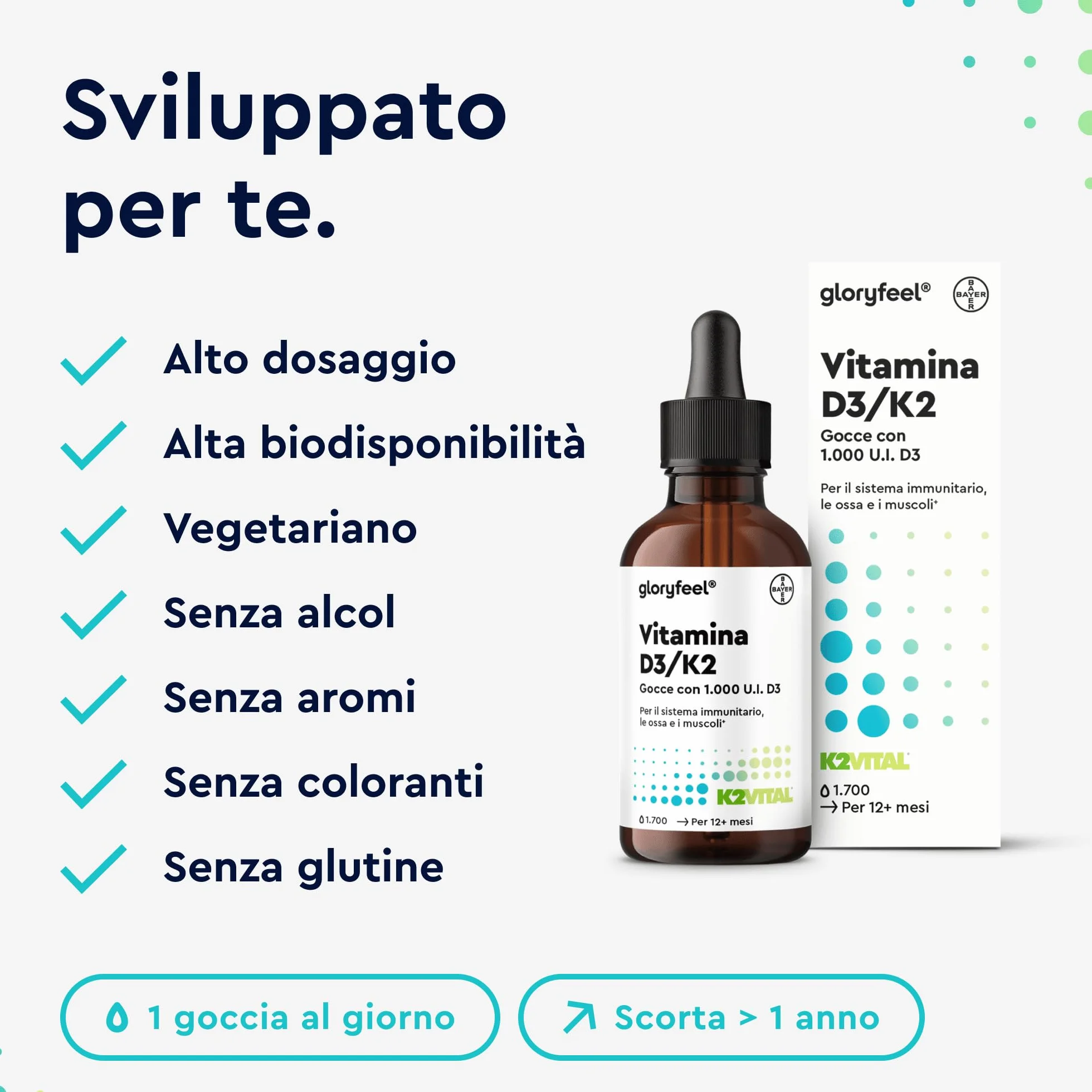 Vitamina D3 K2 50ml in Gocce, Eletto PRODOTTO DELL'ANNO 2025, Colecalciferolo 1000 UI per Goccia, Menachinone Premium 99,7+% All Trans MK7 (K2VITAL® di Kappa), Naturale con Pipetta Dosagocce
