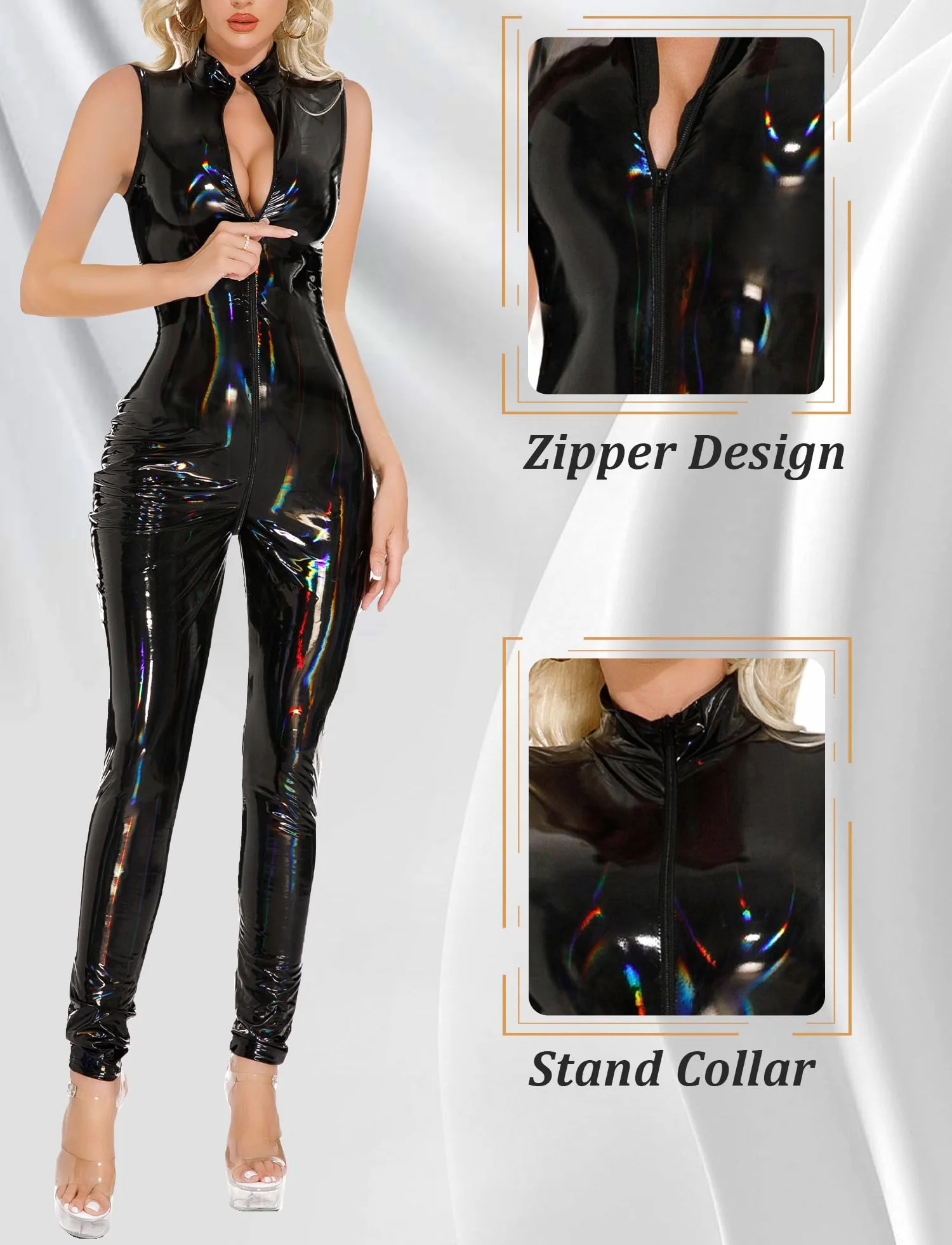 FEOYA Tuta da donna in pelle PU con glitter effetto bagnato Rave Party Halloween