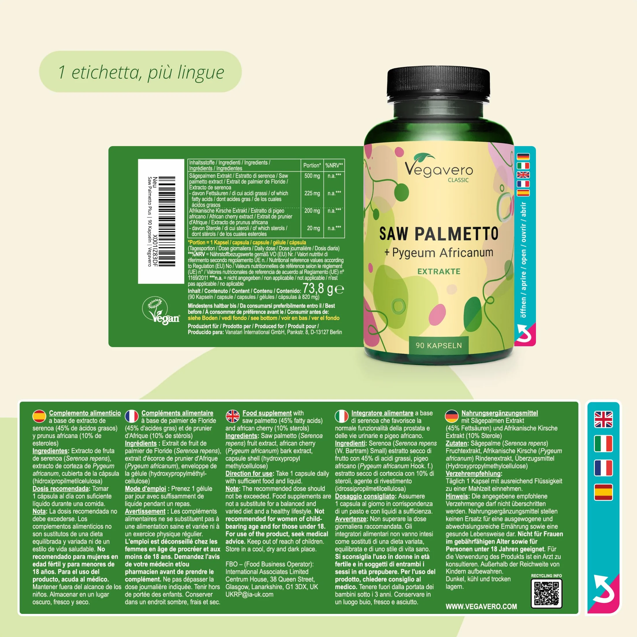 Vegavero® SAW PALMETTO 10.000 mg Pygeum Africanum Serenoa Repens Acidi Grassi Steroli Salute Prostata Capelli 90 capsule Vegan