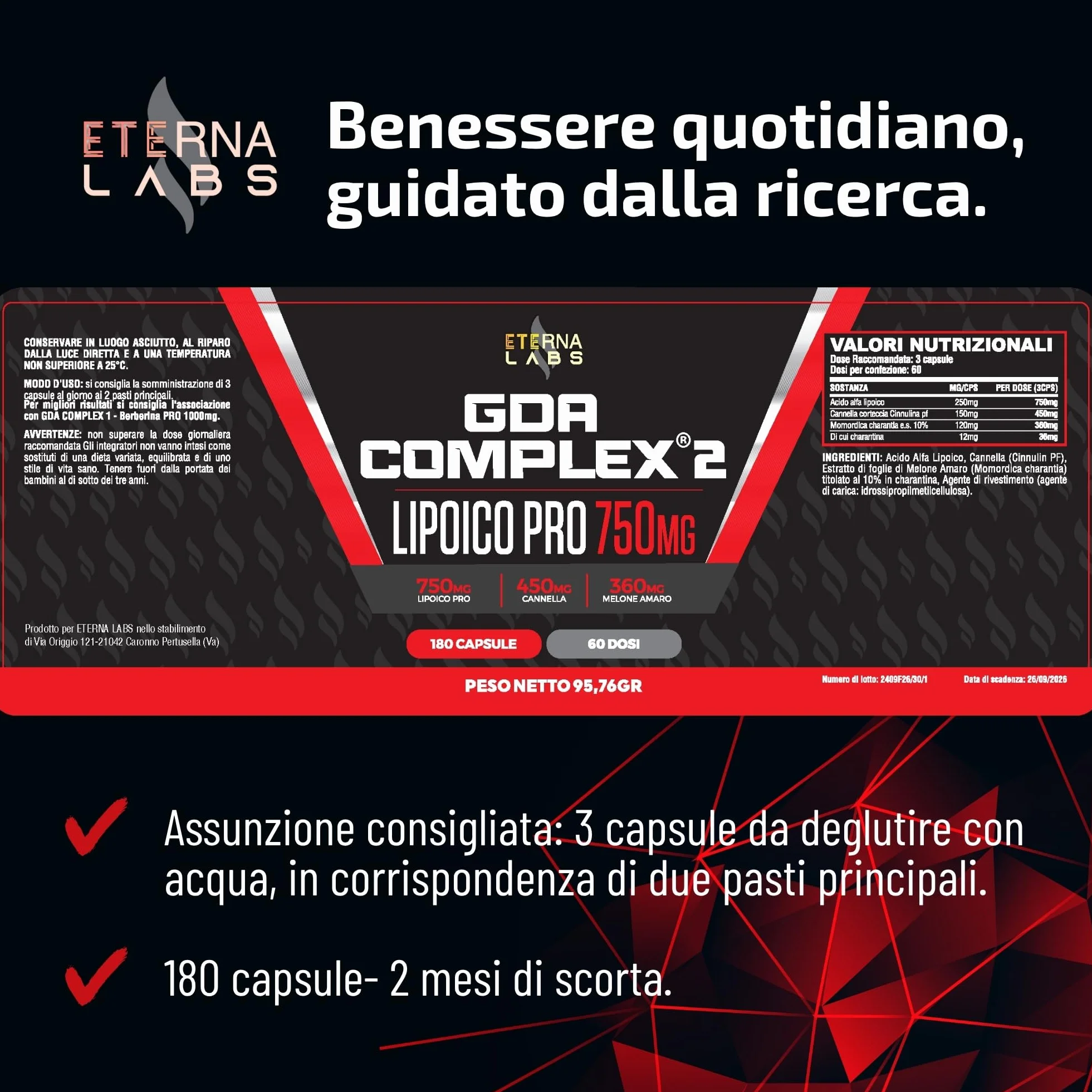 Acido Alfa Lipoico GDA Complex 180 Capsule 750mg/dose con Cannella e Melone Amaro - Integratore ALA per Metabolismo Energetico