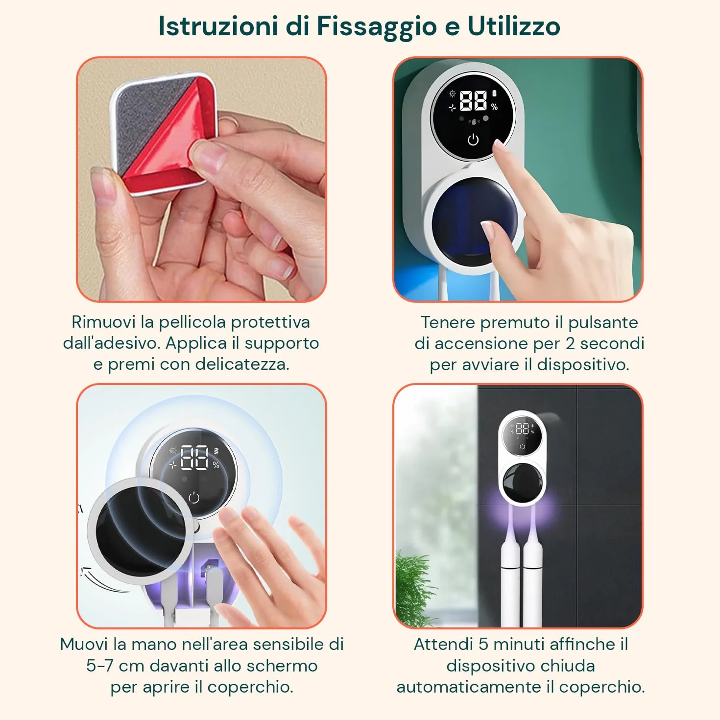 Avilia Sterilizzatore Spazzolini da Parete UV-C con Sensore Infrarossi e Display LED - Asciugatura Automatica e Ricarica USB - Porta Spazzolino Antibatterico per Spazzolini Manuali ed Elettrici