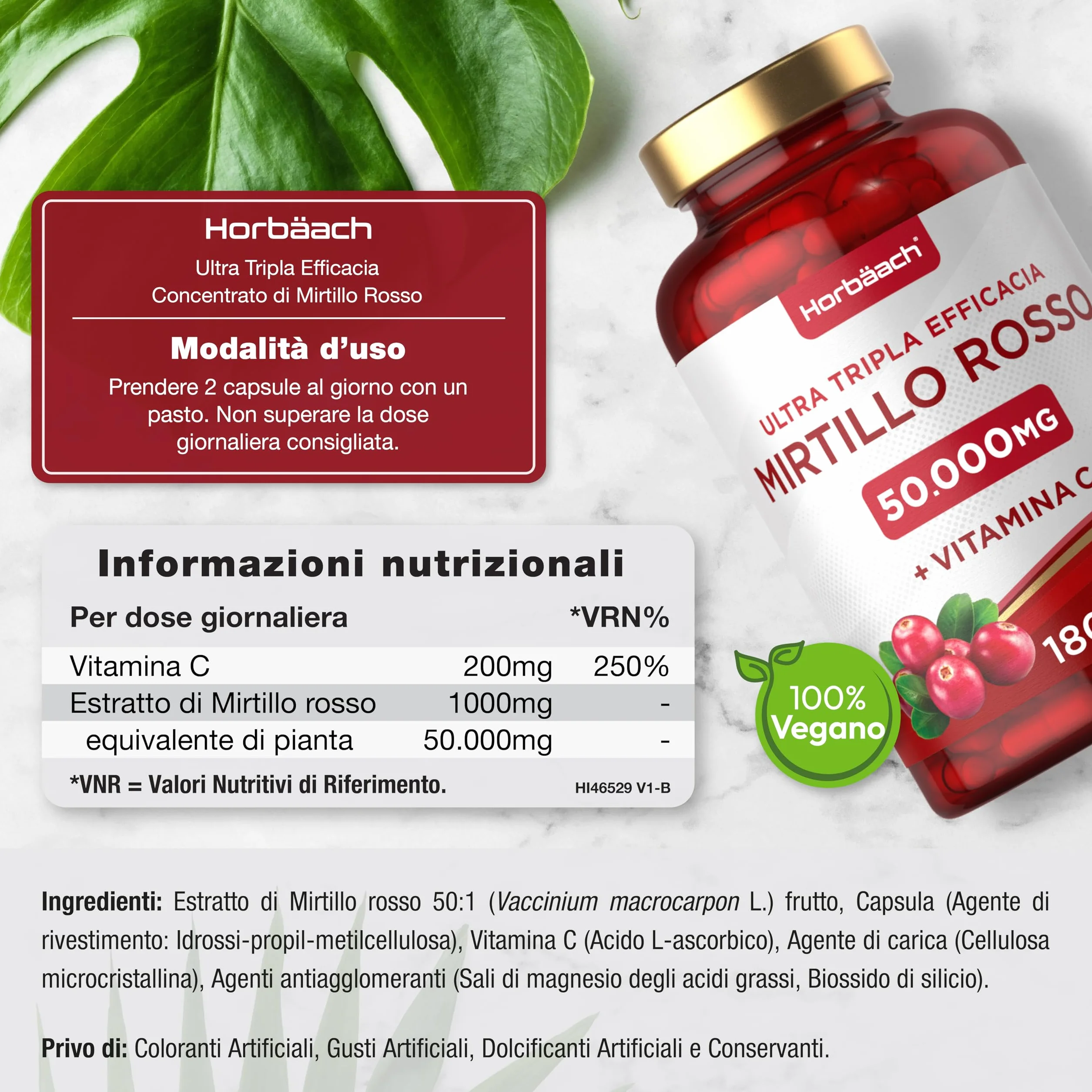 Horbaach Mirtillo Rosso 50000 mg z Witaminą C 180 Kapsułek Wegańskich