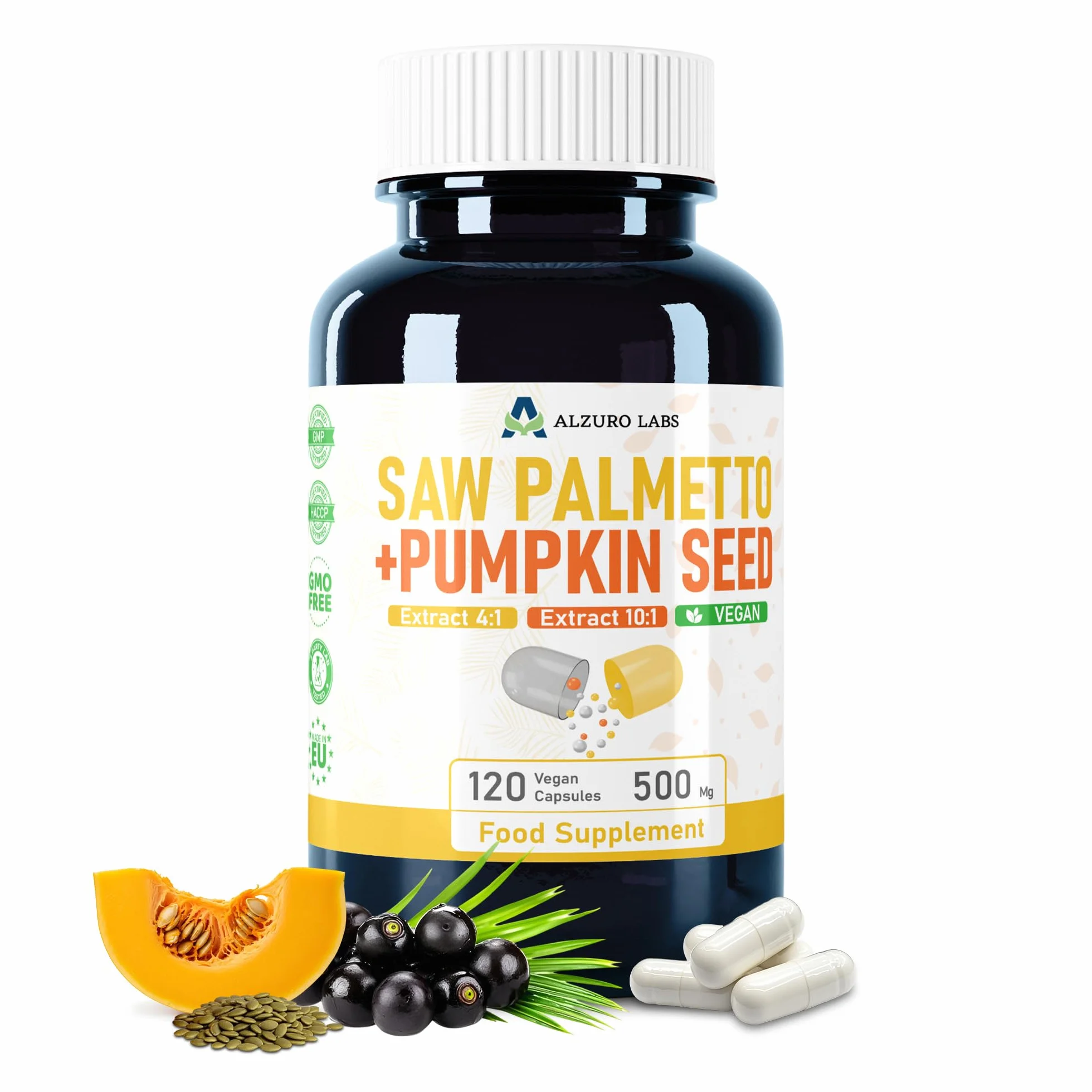 Saw Palmetto e Semi di Zucca 500mg Estratto 4:1 10:1 120 Veg Capsule 4 Mesi GMP Testato da Laboratorio Indipendente