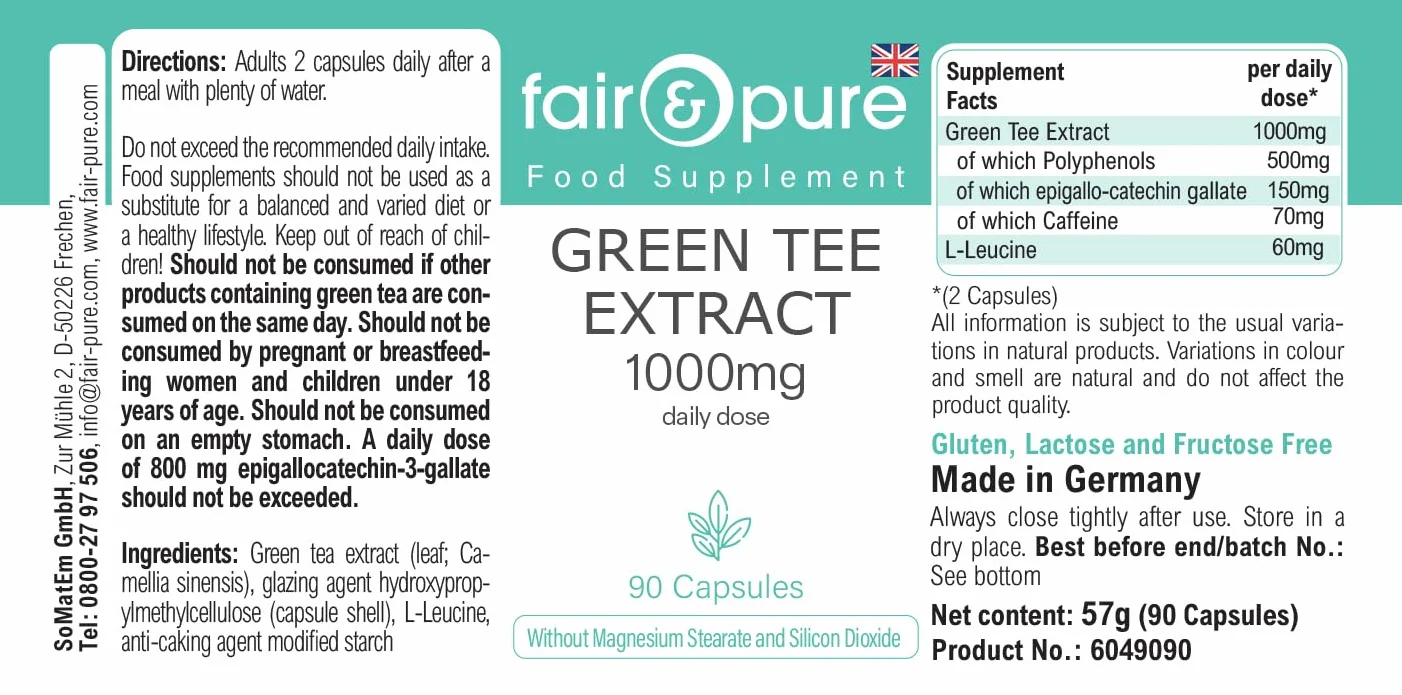 Fair & Pure® - Estratto di tè verde 1000 mg (Camilla sinensis) - 90 capsule - 50% polifenoli (tra cui EGCG) - vegano - senza magnesio stearato