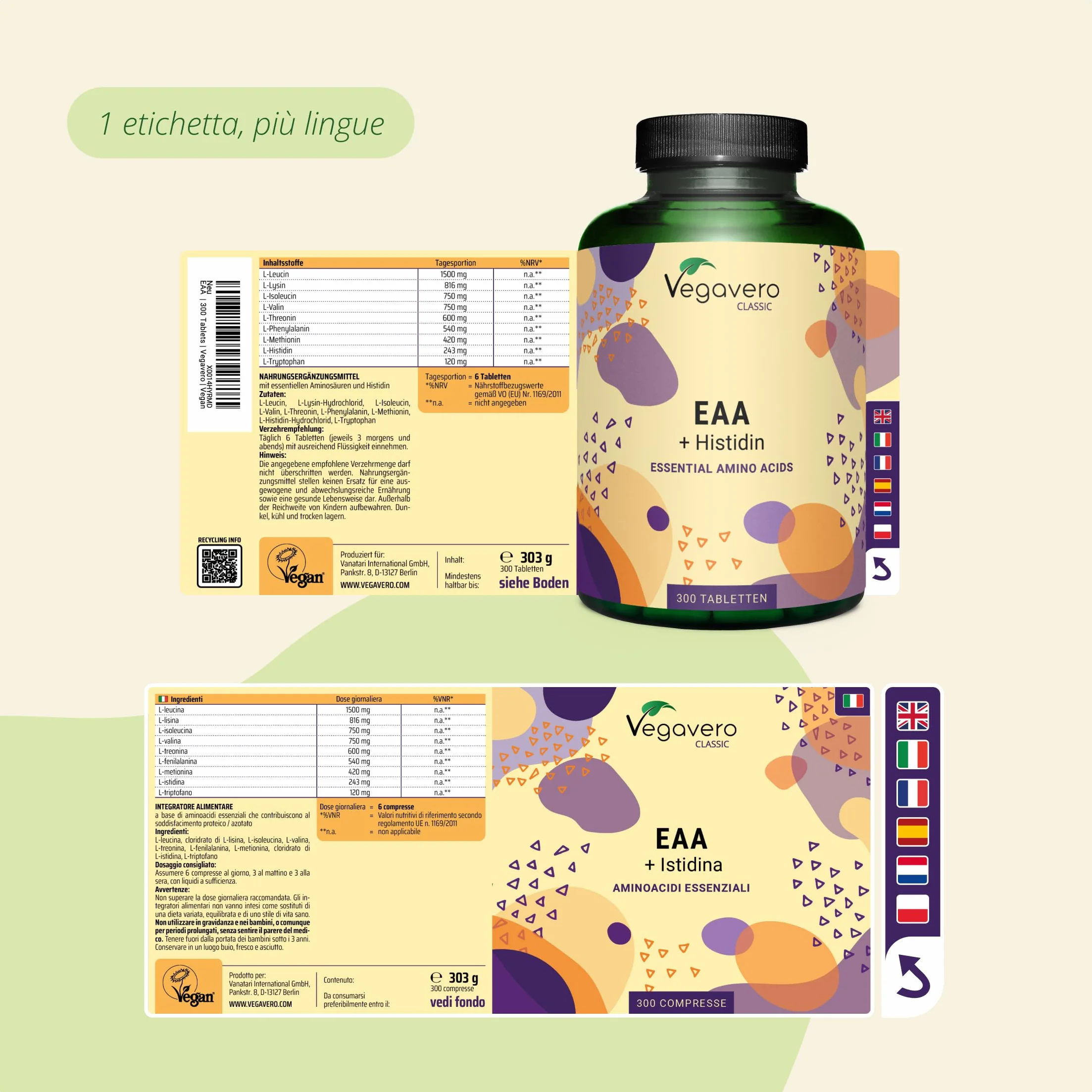 EAA Aminoacidi Essenziali | NATURALI da Fermentazione e SENZA ADDITIVI | Con Aminoacidi Ramificati BCAA 2.1.1 | 300 compresse | VEGAN | Vegavero