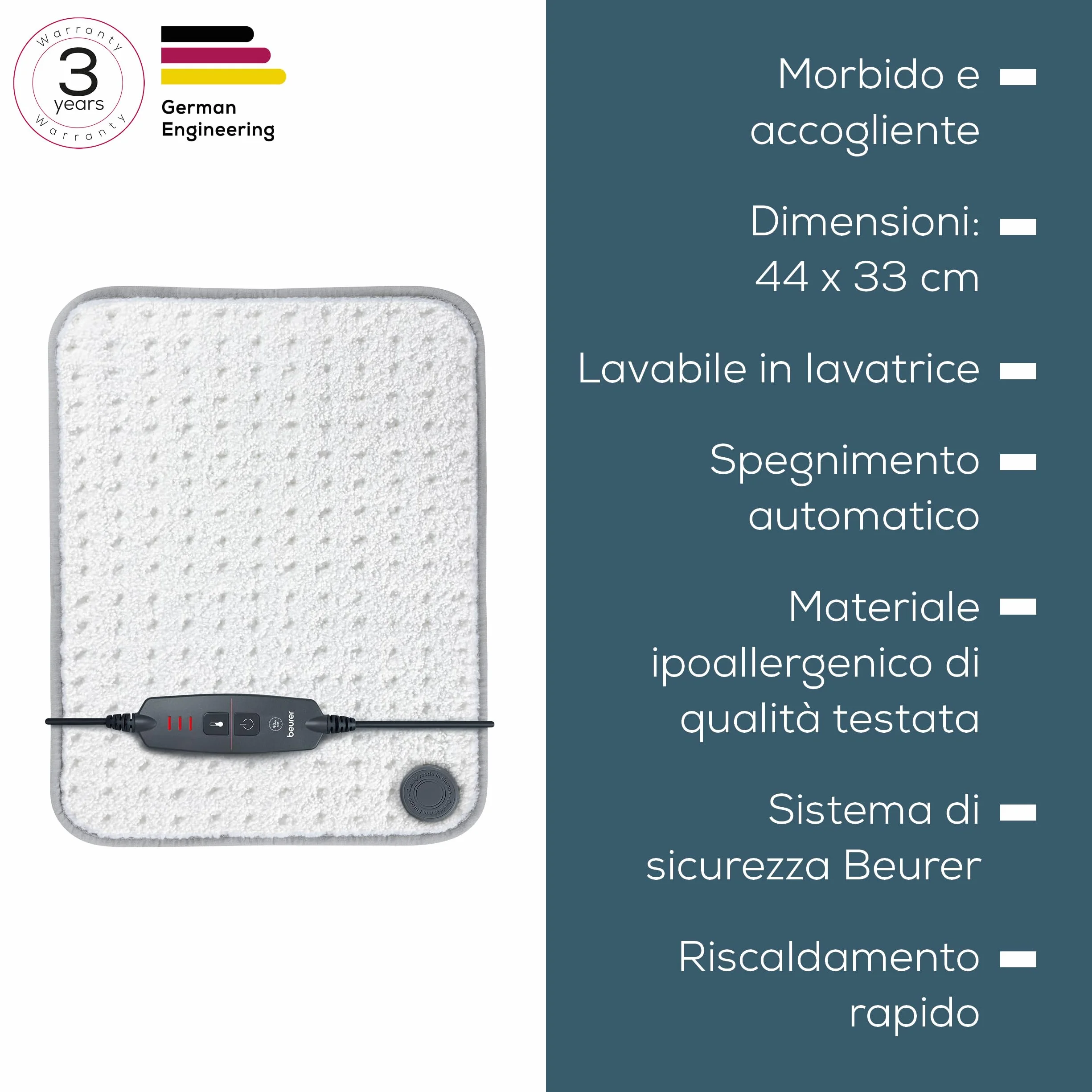 Beurer HK 43 termoforo, tappetino termico extra morbido con spegnimento automatico e 3 livelli di temperatura, con riscaldamento rapido, lavabile in lavatrice fino a 30 °C, Bianco