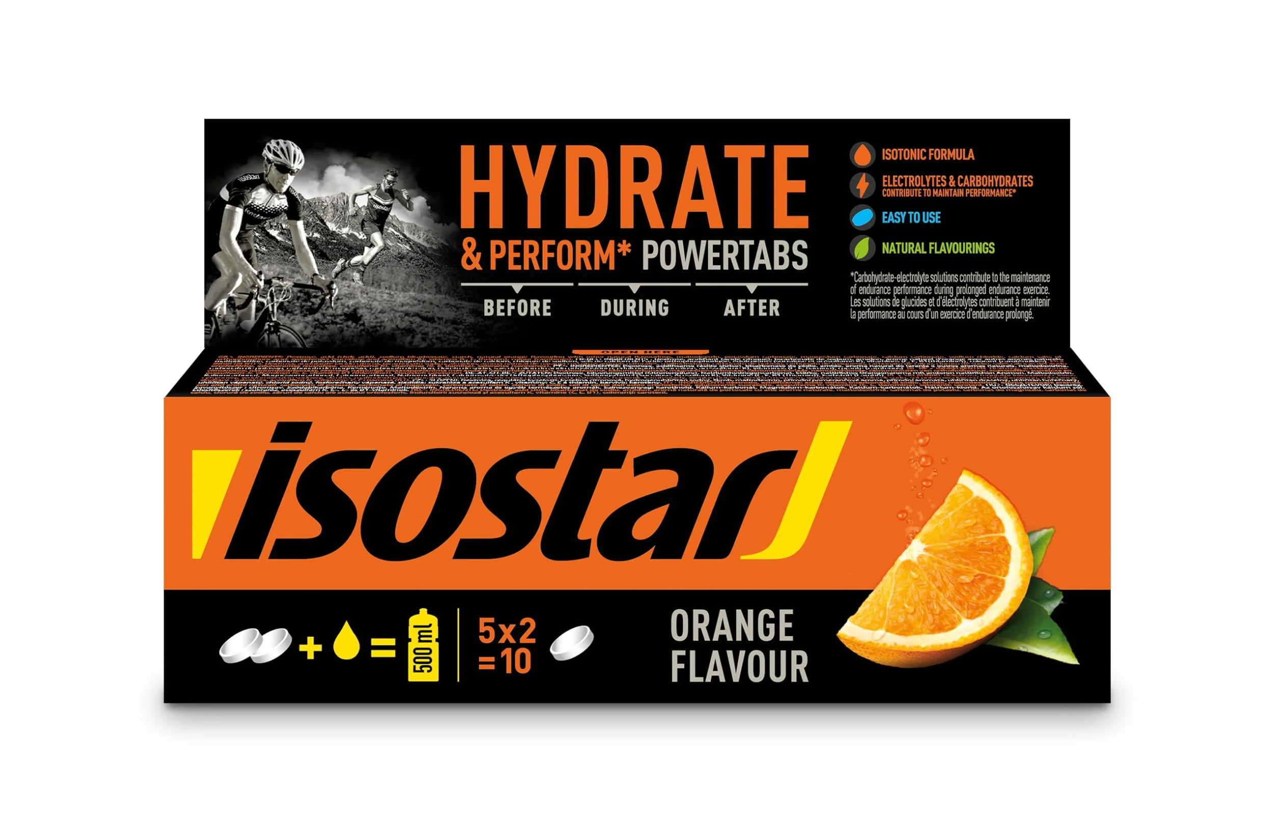 ISOSTAD Powertabs Gusto Arancia, Bevanda Isotonica in Compresse Effervescenti con Elettroliti e Carboidrati per Idratazione e Resistenza, 10 Tabs x 12 g