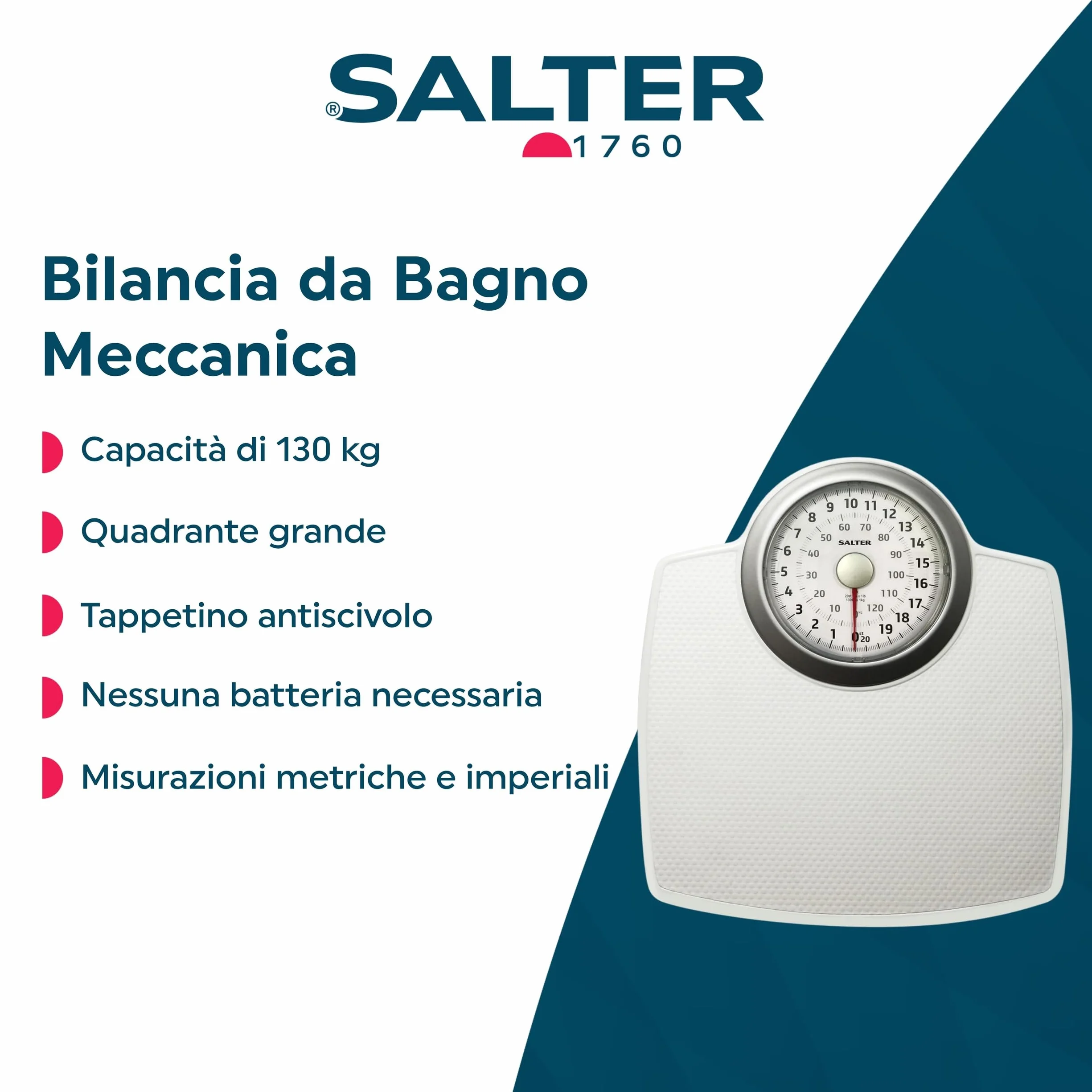 Salter 144 WHSVDR - Bilance da bagno meccaniche, numeri grandi, qualità premium, bilancia persona, capacità masima di 130 kg, quadrante grande, piattaforma spaziosa, bianco