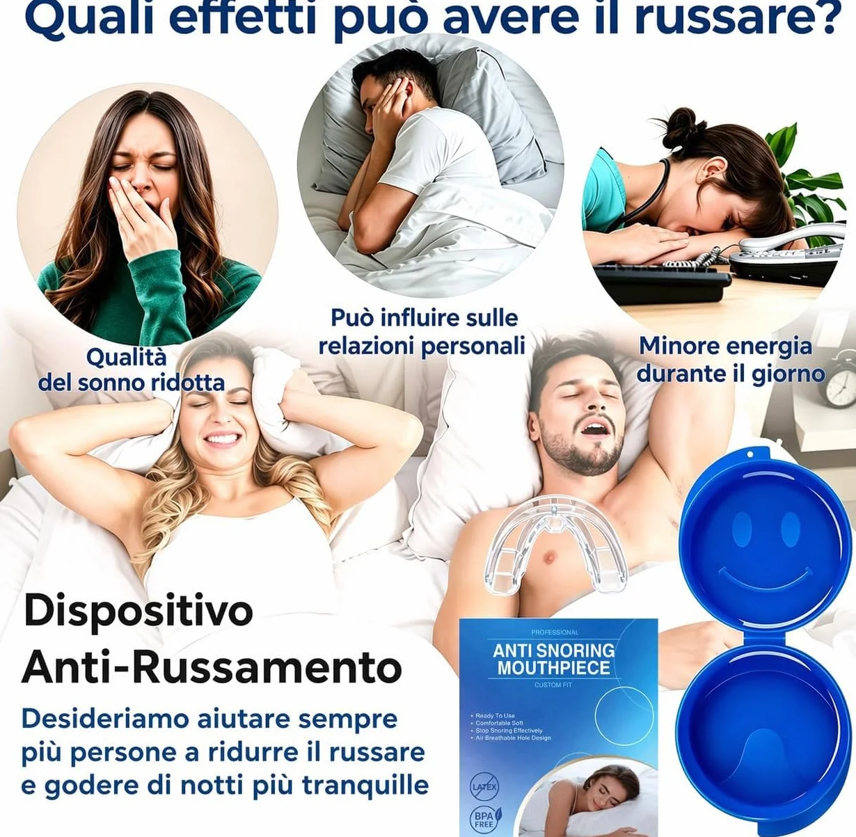 Dispositivo Anti Russamento Notturno Bite Riutilizzabile Pronto all’Uso Antirussamento Design Leggero Confortevole