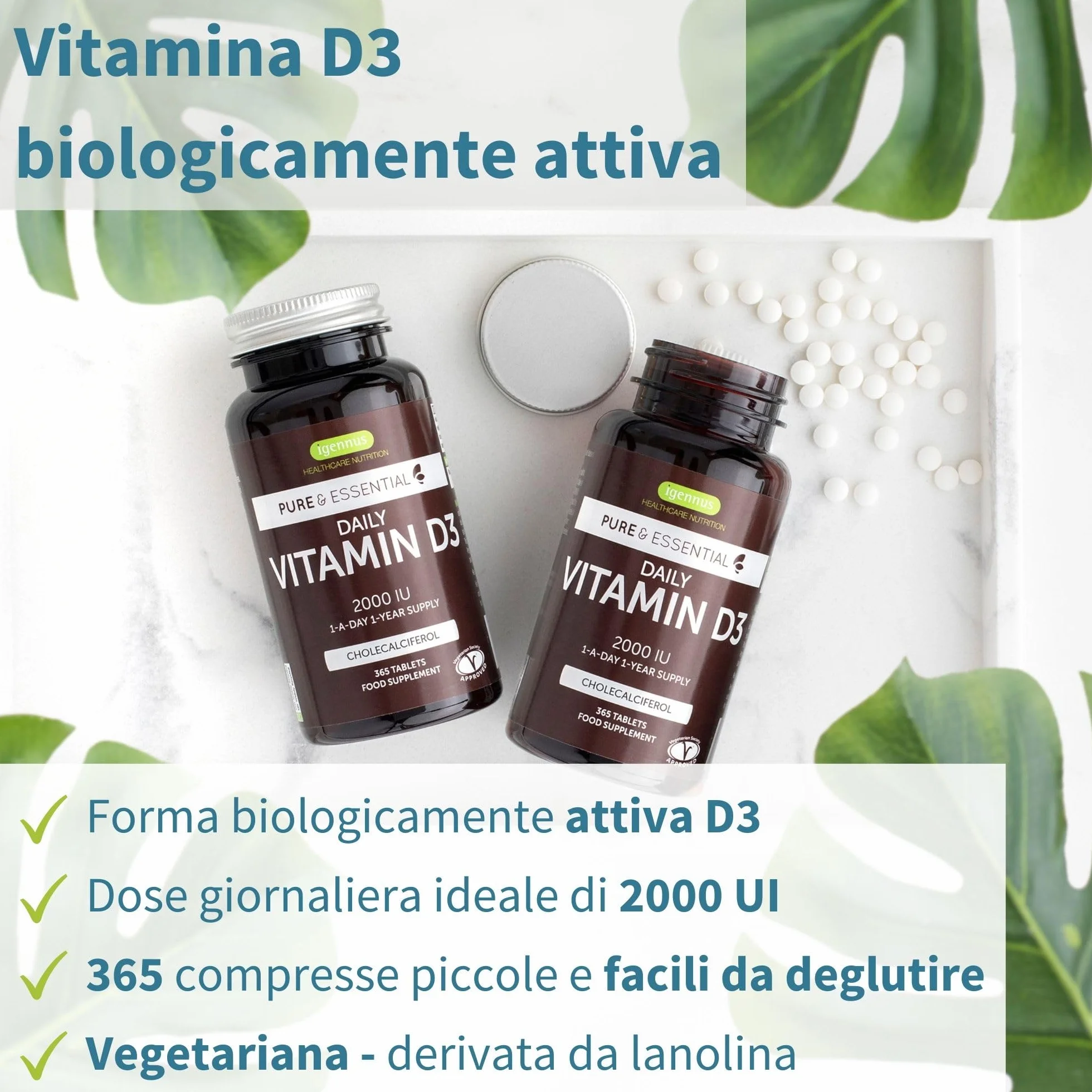 Igennus Vitamina D3 2000 UI (50 μg), 365 Compresse Scorta per 1 Anno, Vitamina D Pura, Integratore D3 Vegetariano, Colecalciferolo, Formula Pulita, Difese Immunitarie, Ossa, Denti e Muscoli