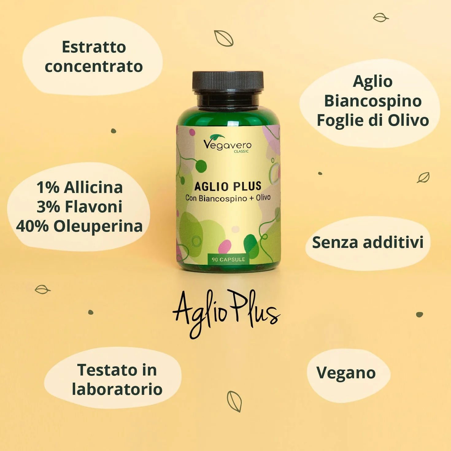 Aglio + Biancospino + Ulivo Vegavero® | Estratti titolati: 1% di Allicina, 3% di Flavoni e 40% Oleuropeina | Integratore in Capsule per la Pressione Sanguigna* | Vegan