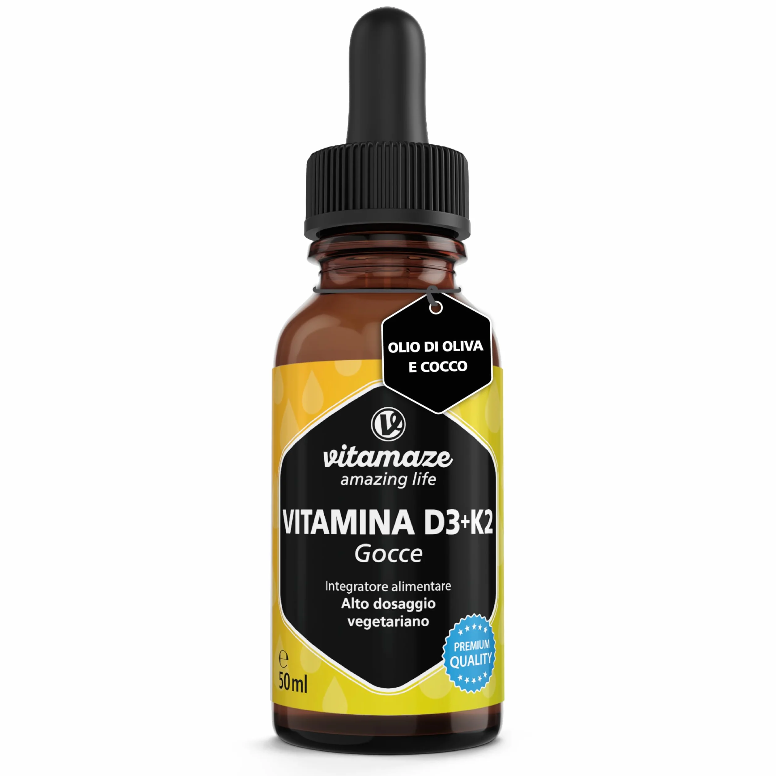 Vitamina D3 + K2 Gocce, 1000 UI ad Alta Dose, Vegetariano & Liquido (99,7+% All-Trans MK-7), 50 ml (1700 Gocce), Elevata Biodisponibilità, Nessun Additivo Inutile, Vitamaze